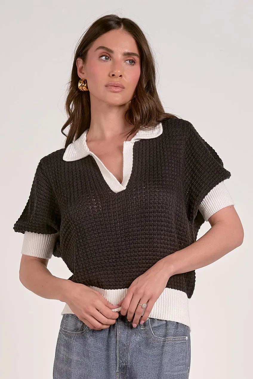 3/4 Sleeve Collar Sweater, Black/White
