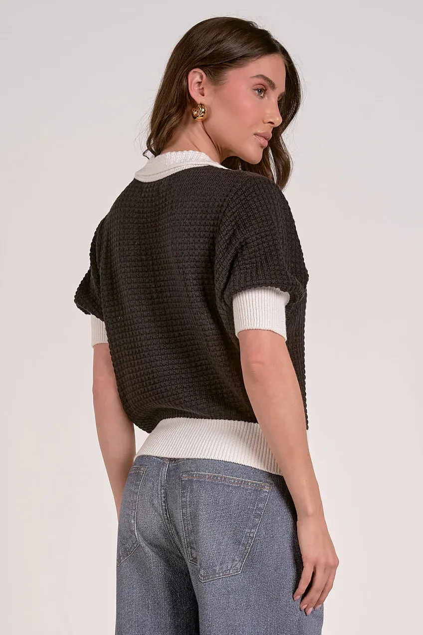 3/4 Sleeve Collar Sweater, Black/White