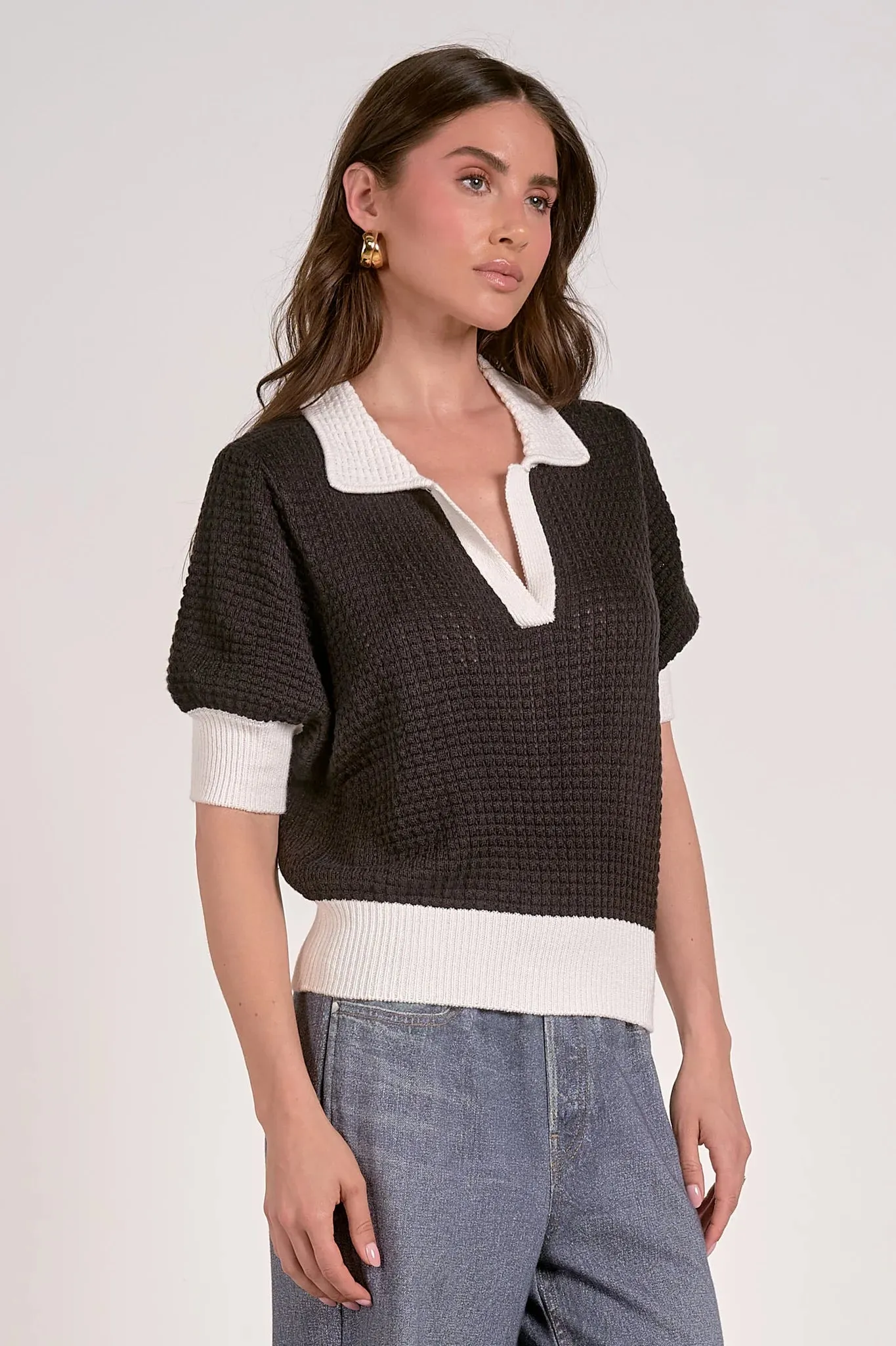 3/4 Sleeve Collar Sweater, Black/White