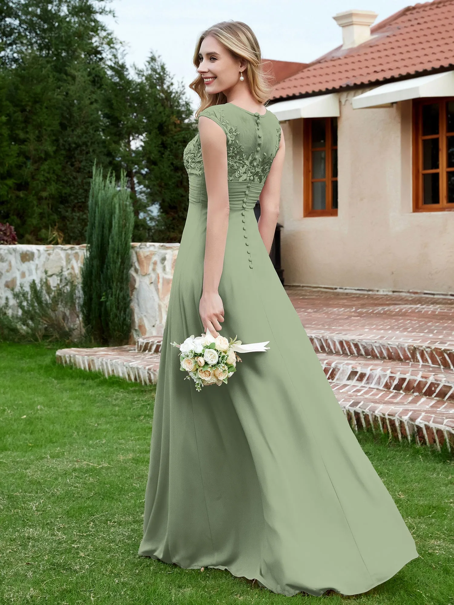 A-Line Chiffon Dress with Illusion Neckline Dusty Sage
