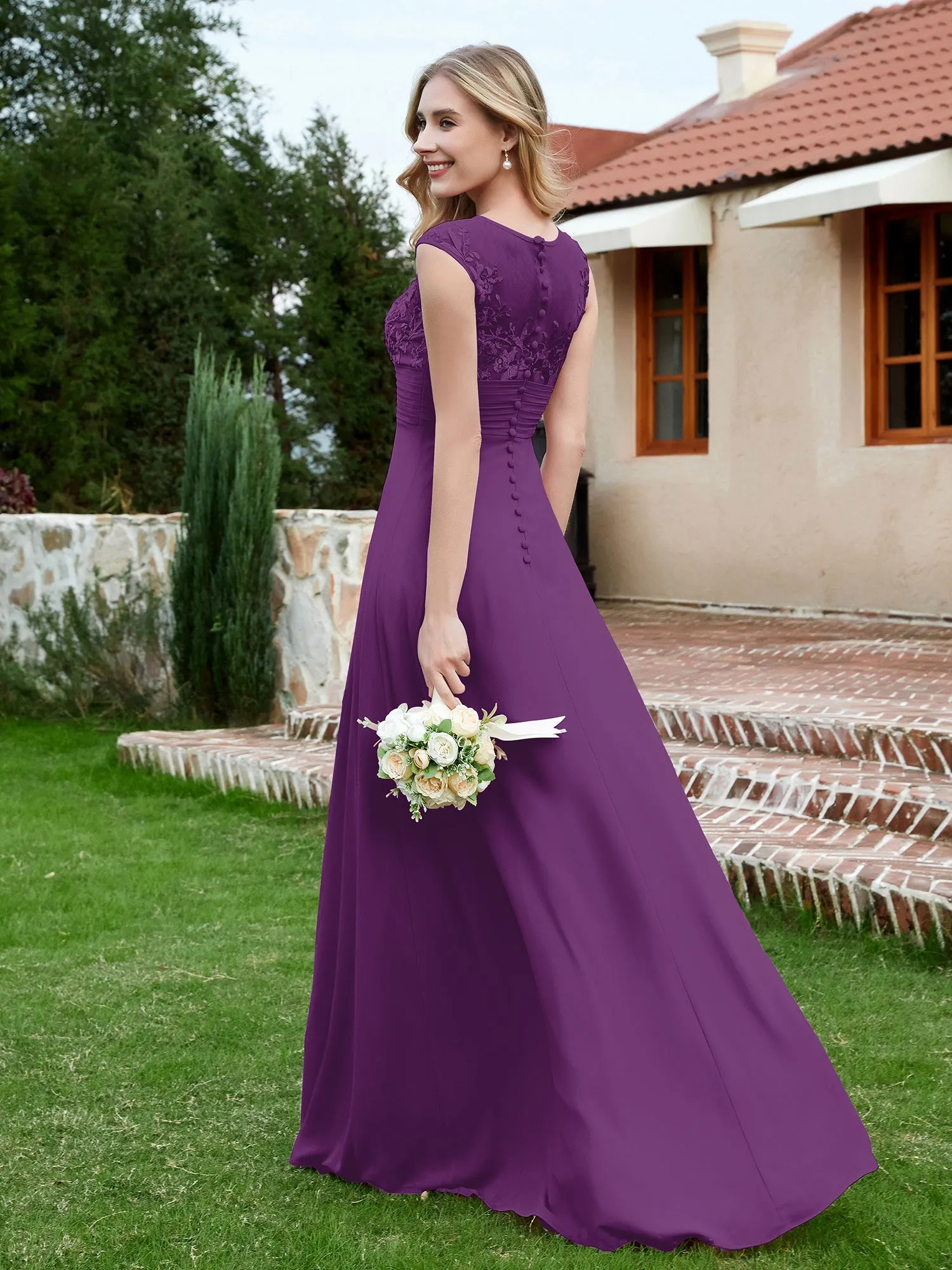 A-Line Chiffon Dress with Illusion Neckline Grape