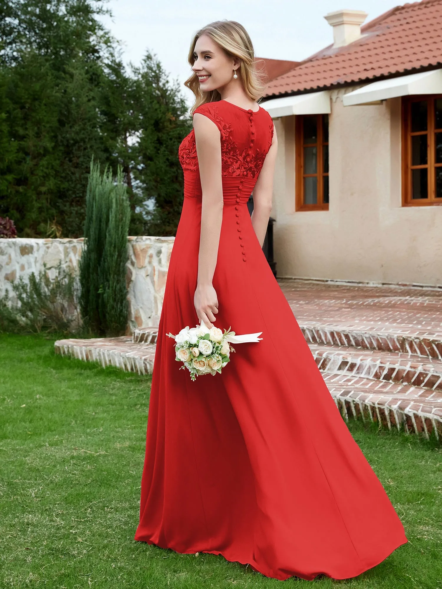 A-Line Chiffon Dress with Illusion Neckline Red