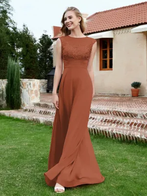 A-Line Chiffon Dress with Illusion Neckline Rust Plus Size