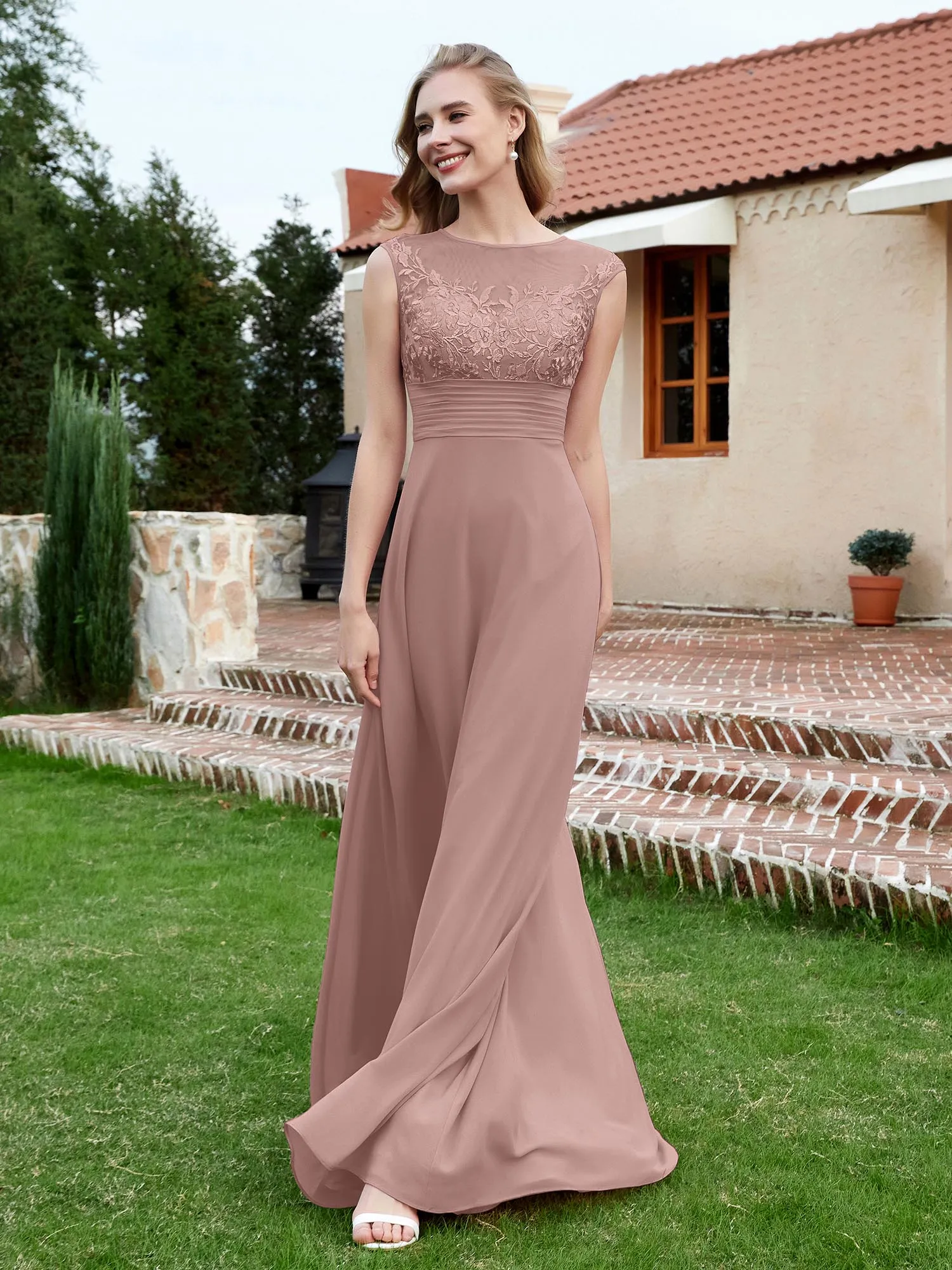 A-Line Chiffon Dress with Illusion Neckline Vintage Mauve Plus Size