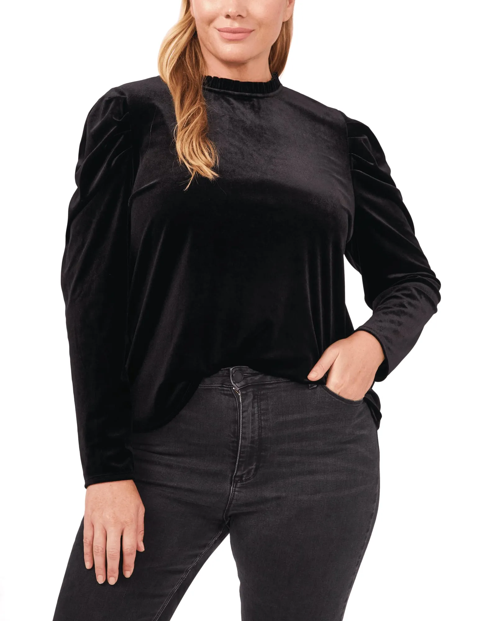 Amaya Velvet Ruffle-Neck Top | 060-RICH BLACK