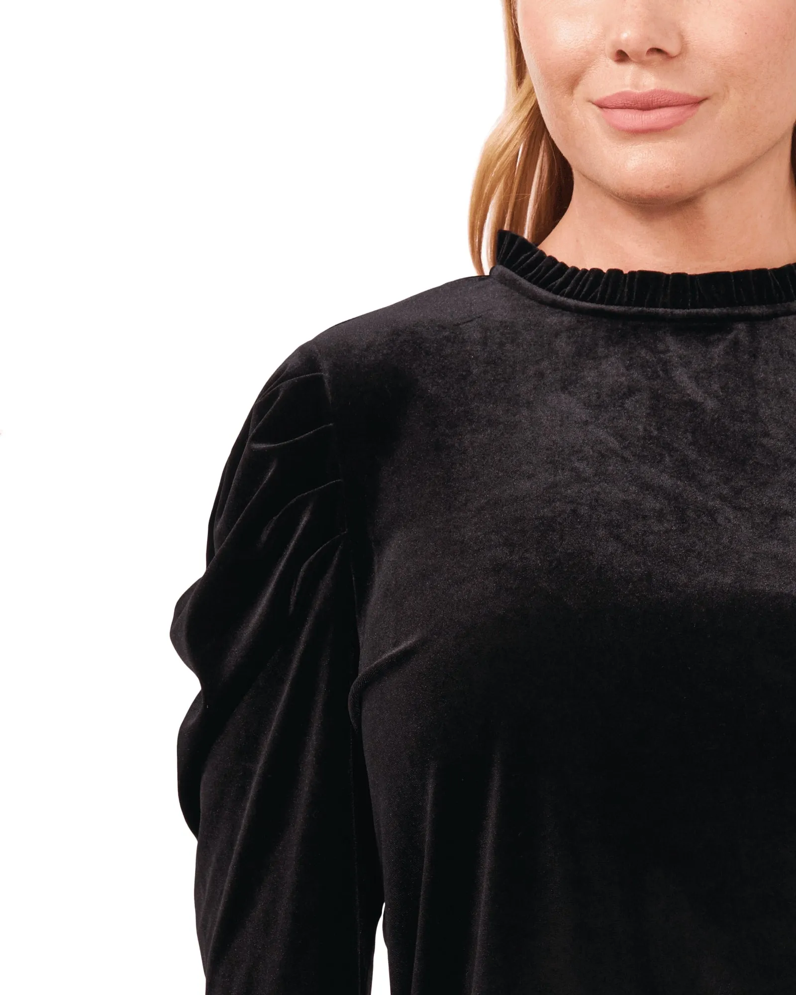 Amaya Velvet Ruffle-Neck Top | 060-RICH BLACK