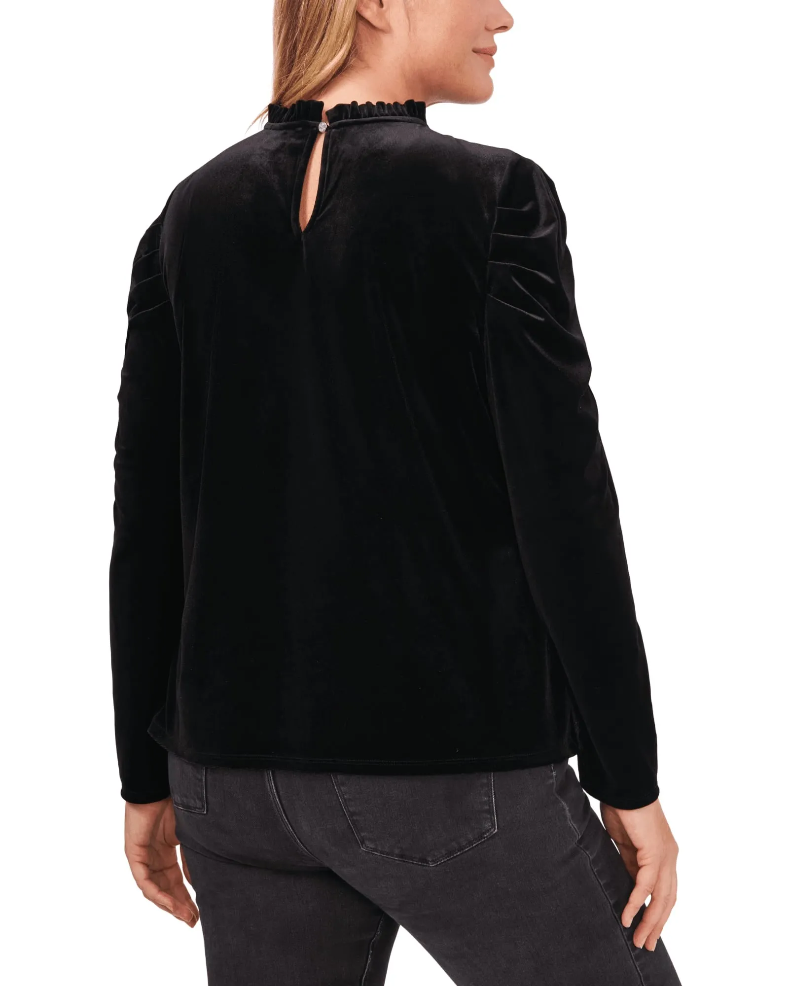 Amaya Velvet Ruffle-Neck Top | 060-RICH BLACK
