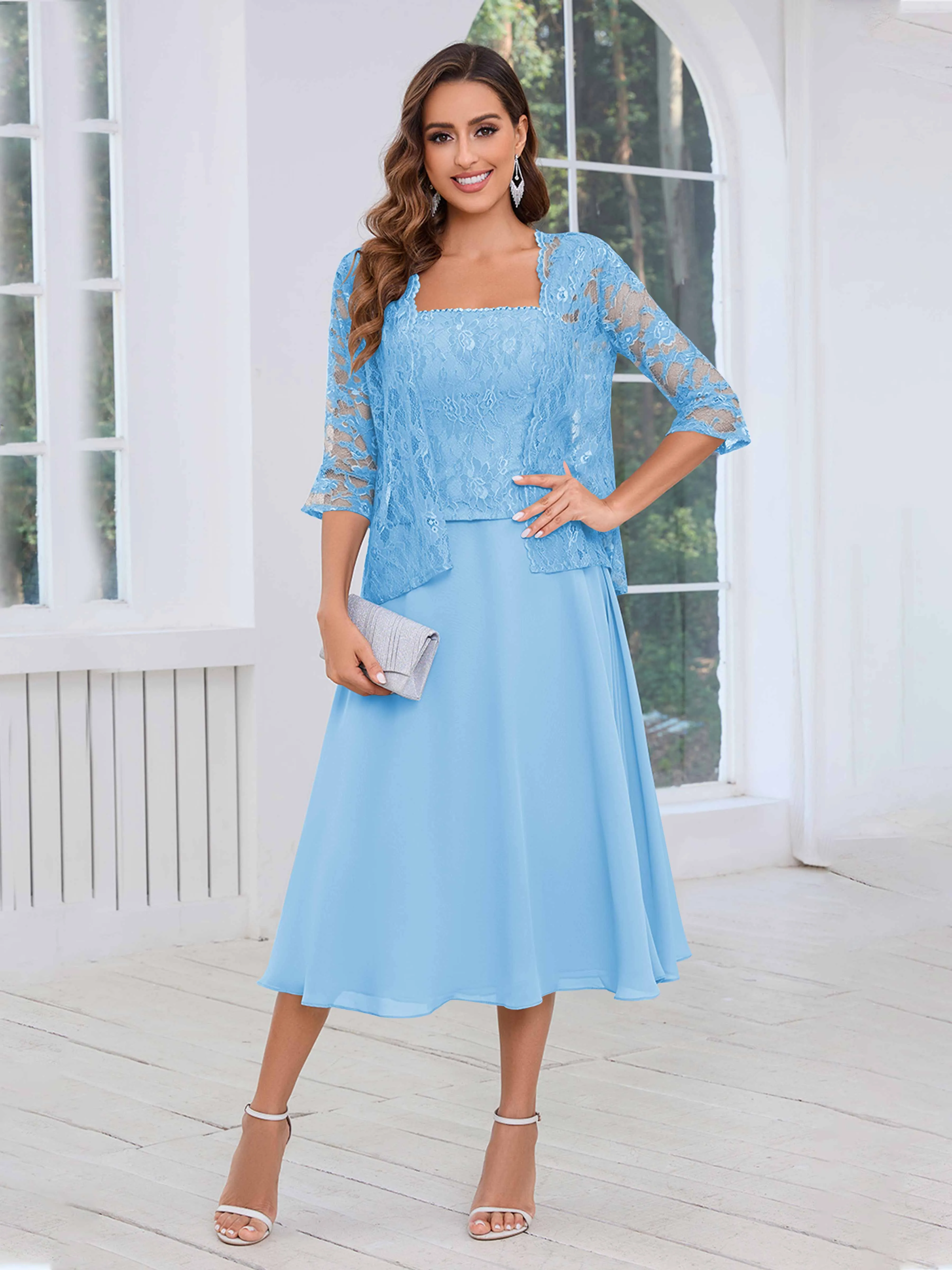 Aurelia Delicate Two Pieces Beading Lace Appliques Midi Chiffon Mother Of The Bride Dresses