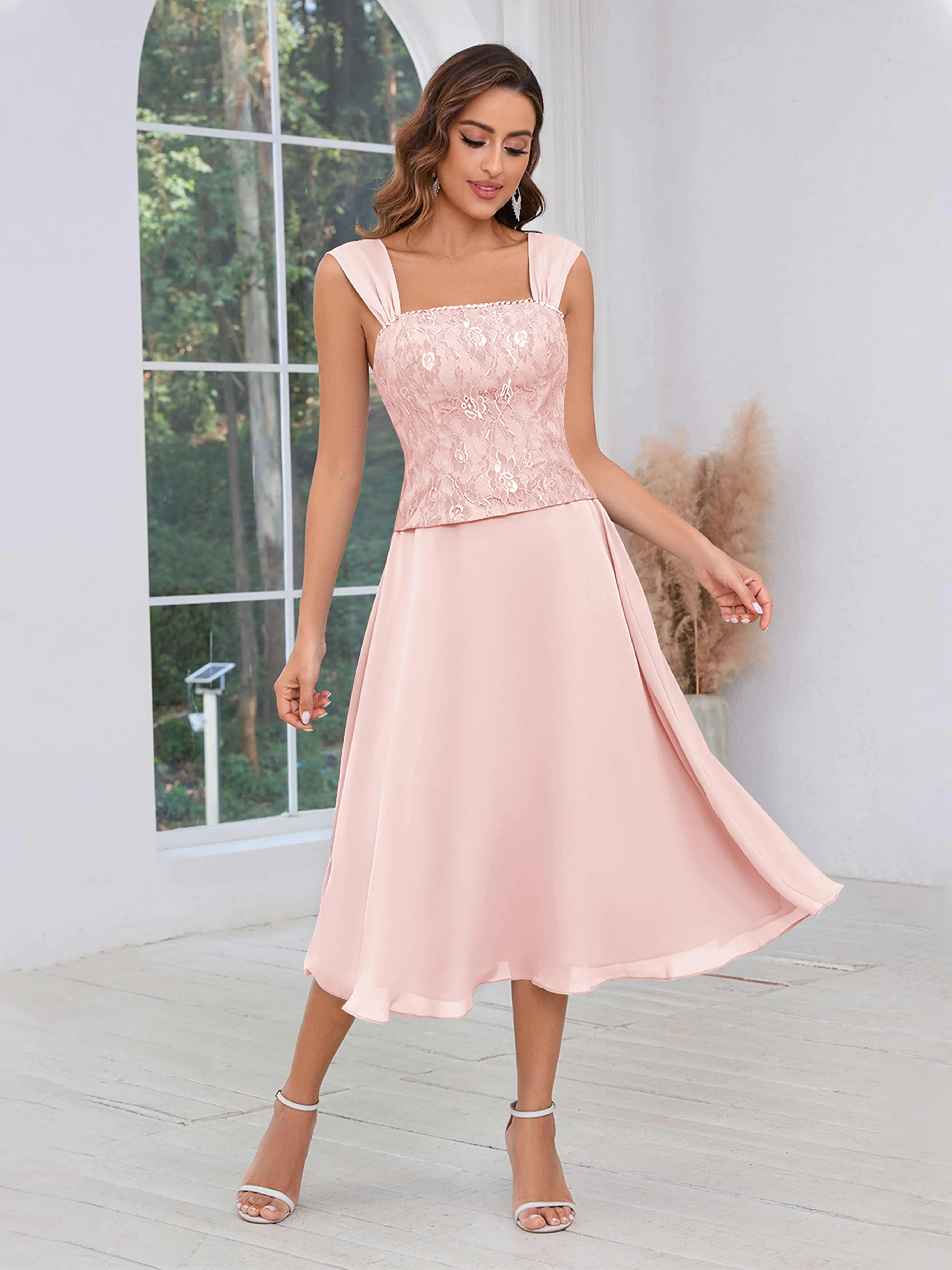 Aurelia Delicate Two Pieces Beading Lace Appliques Midi Chiffon Mother Of The Bride Dresses