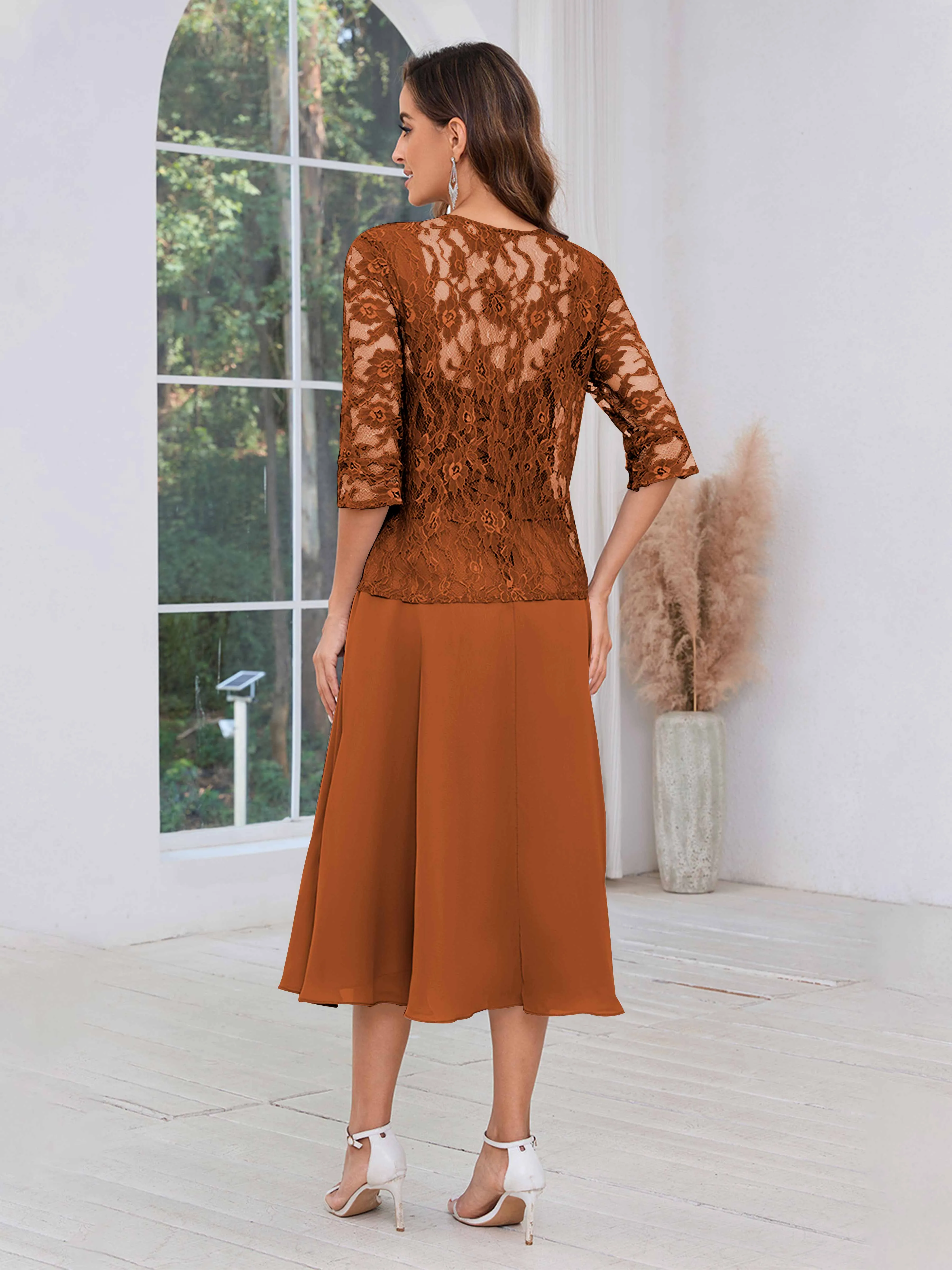 Aurelia Delicate Two Pieces Beading Lace Appliques Midi Chiffon Mother Of The Bride Dresses