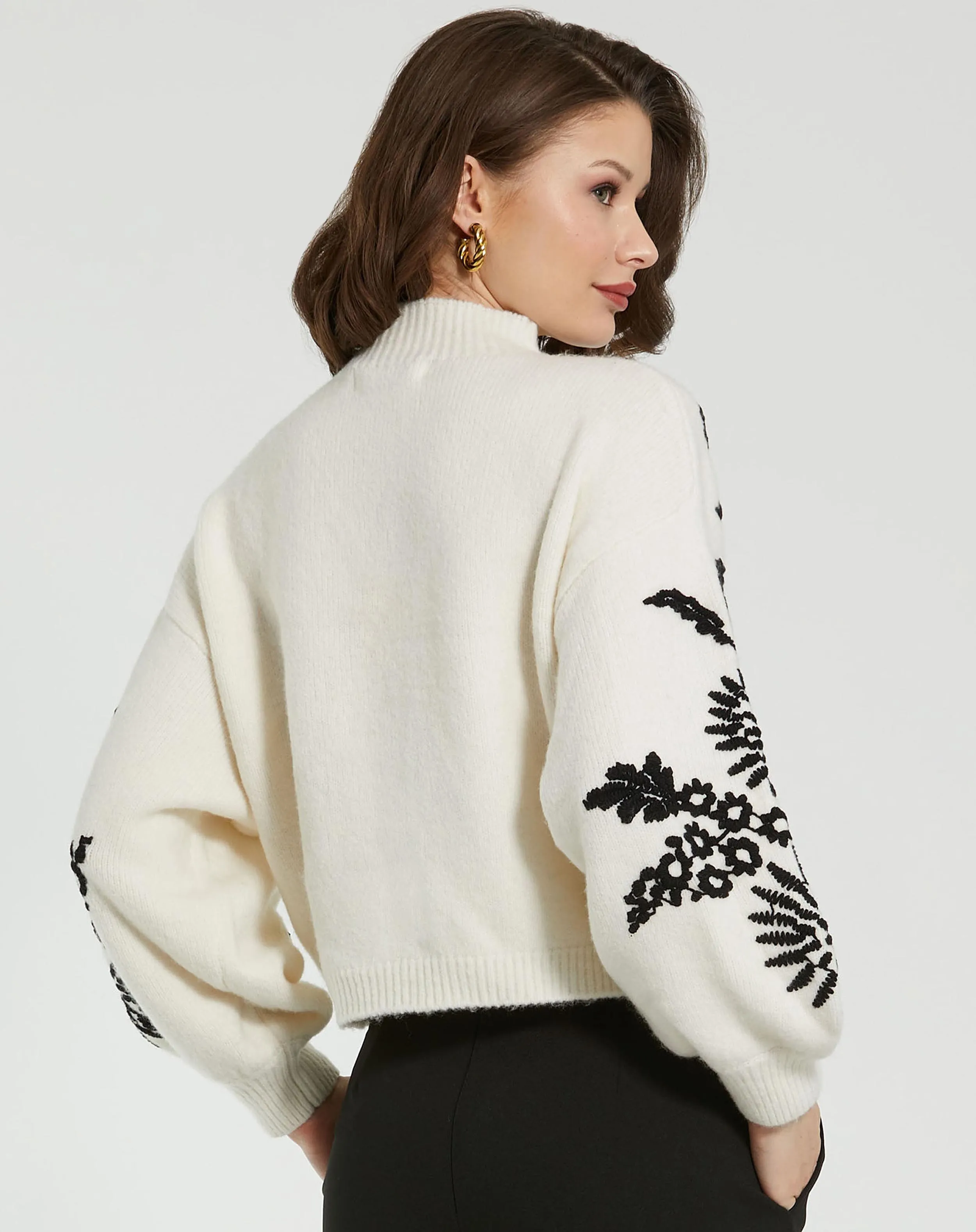 Balloon Sleeve Cropped Mock Neck Knit Sweater