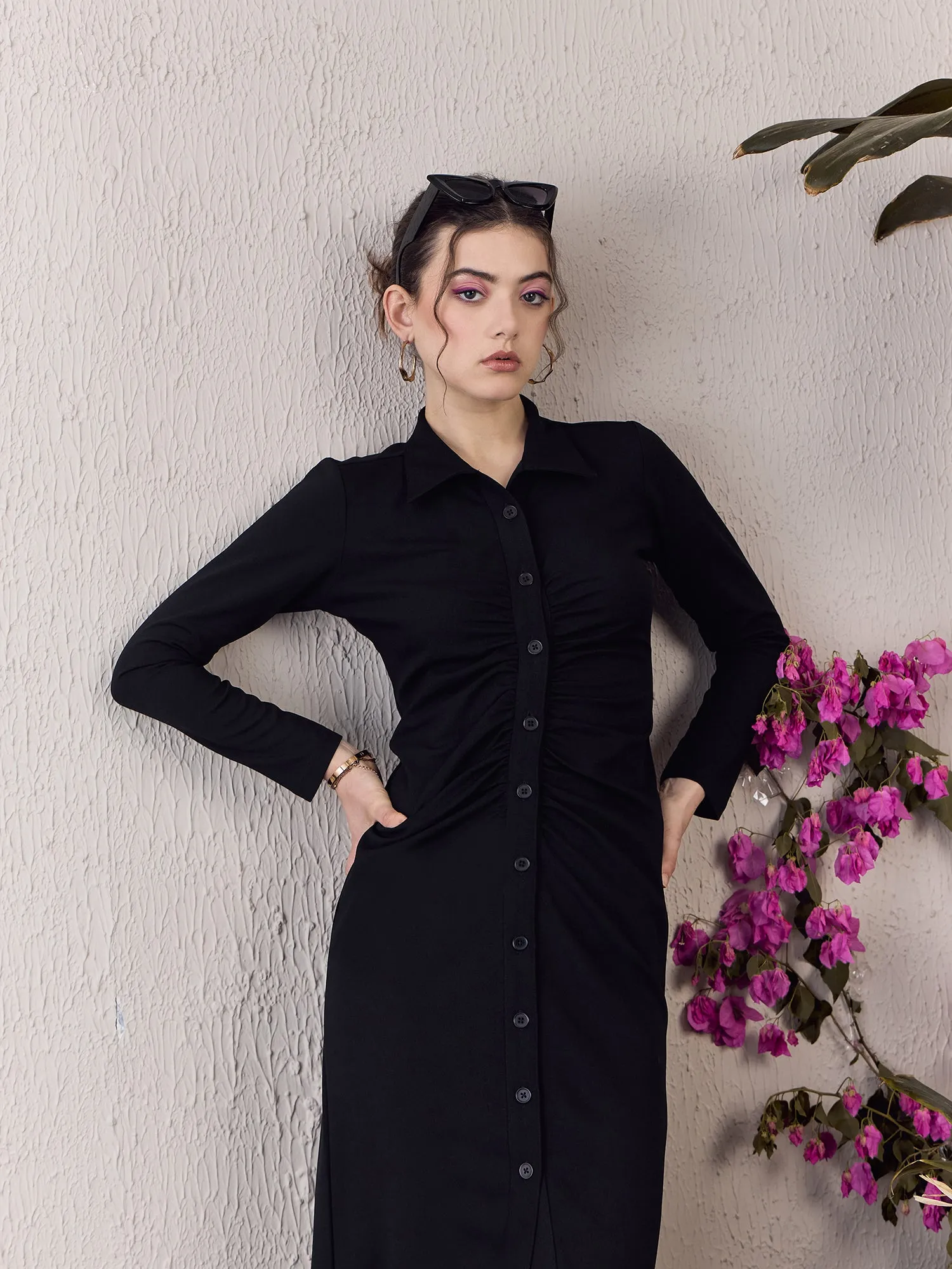 Berrylush Women Black Solid Shirt Collar Long Sleeve Bodycon Maxi Dress