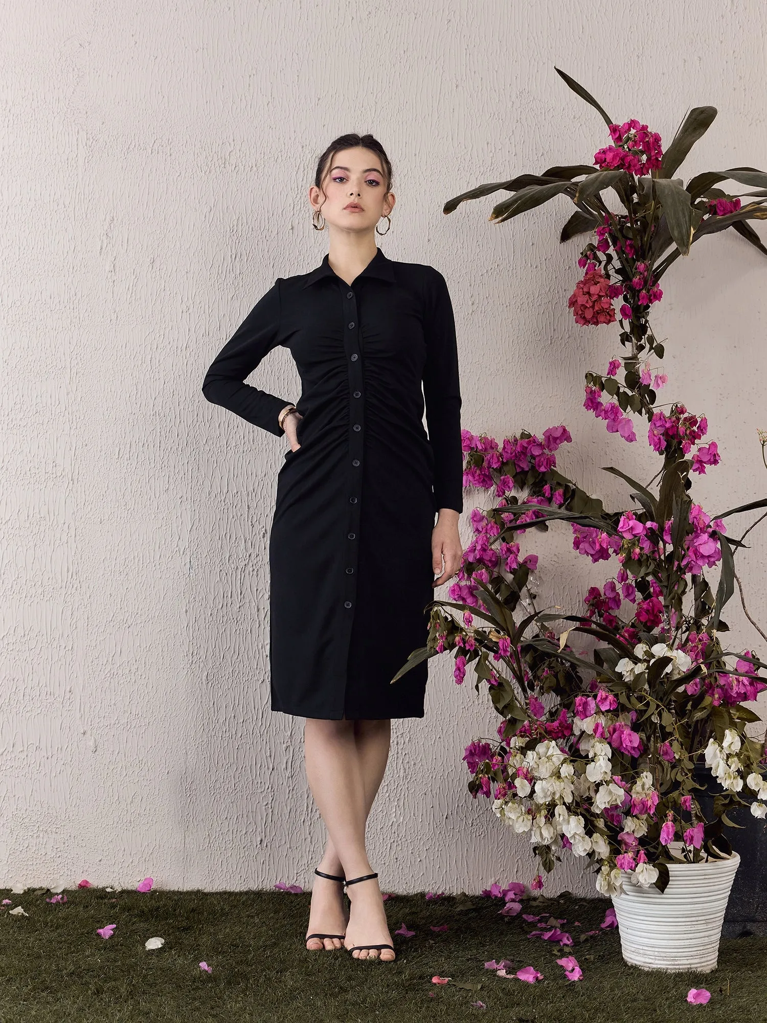 Berrylush Women Black Solid Shirt Collar Long Sleeve Bodycon Maxi Dress