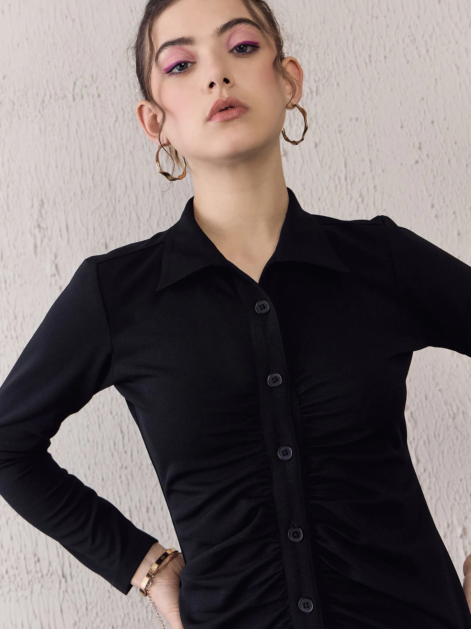 Berrylush Women Black Solid Shirt Collar Long Sleeve Bodycon Maxi Dress