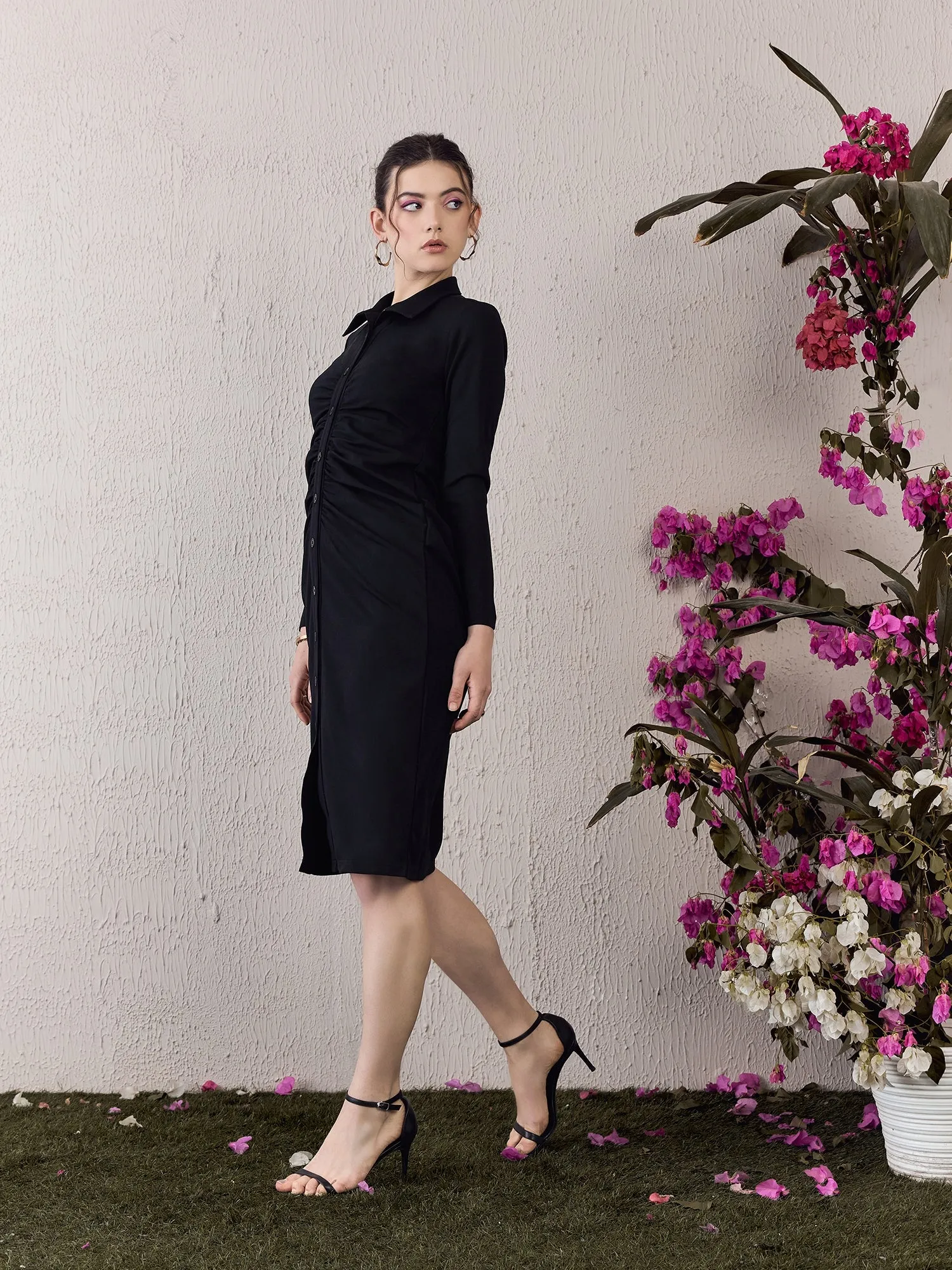 Berrylush Women Black Solid Shirt Collar Long Sleeve Bodycon Maxi Dress