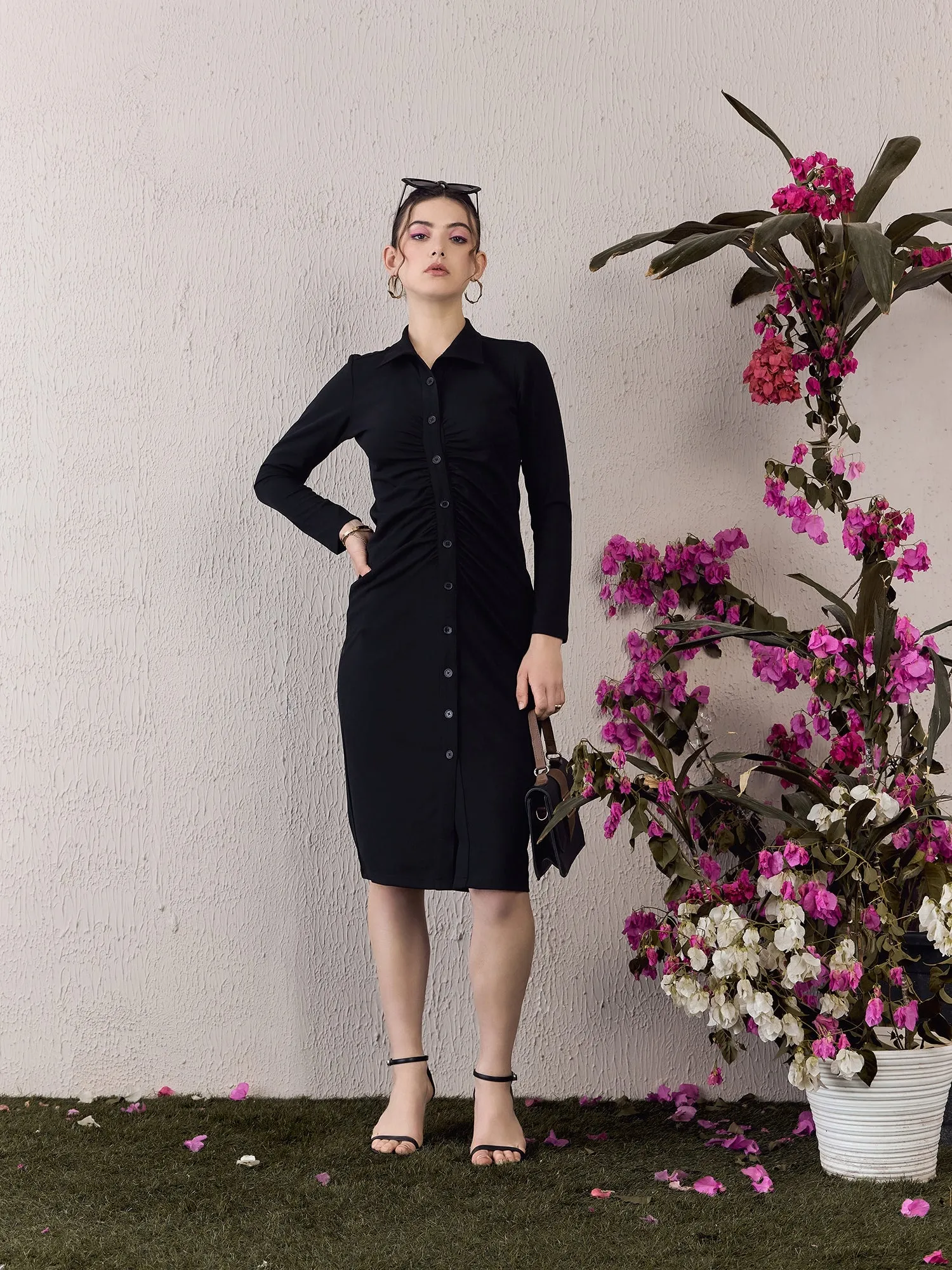 Berrylush Women Black Solid Shirt Collar Long Sleeve Bodycon Maxi Dress