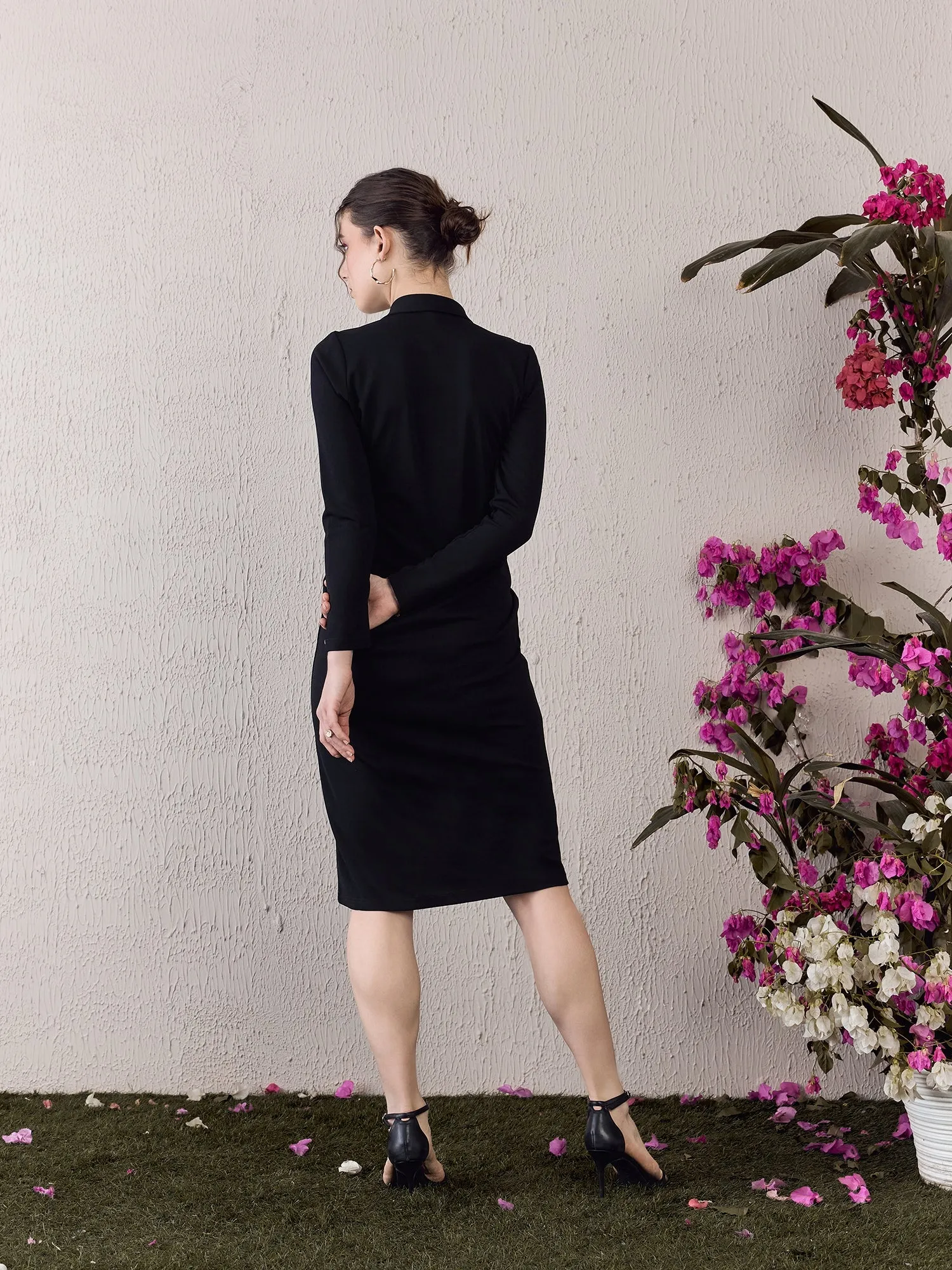 Berrylush Women Black Solid Shirt Collar Long Sleeve Bodycon Maxi Dress