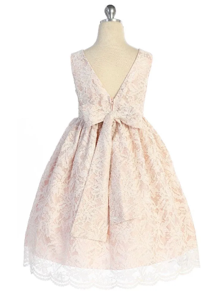 Big Girls Blush Lace Pearl Tulle Trim V Back Junior Bridesmaid Dress 8-14