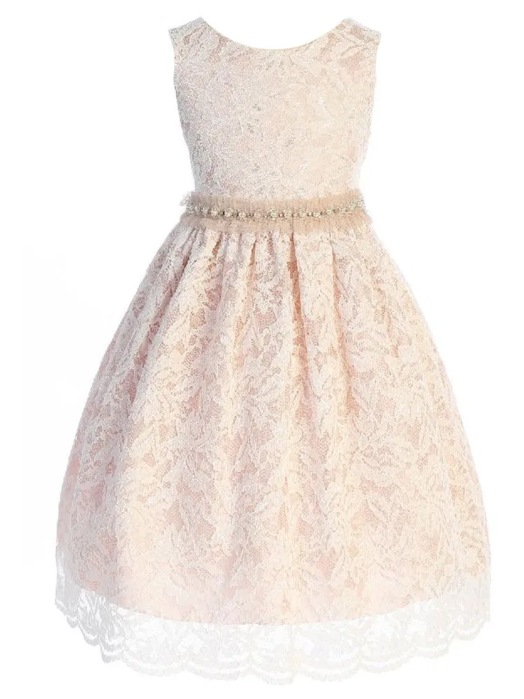 Big Girls Blush Lace Pearl Tulle Trim V Back Junior Bridesmaid Dress 8-14