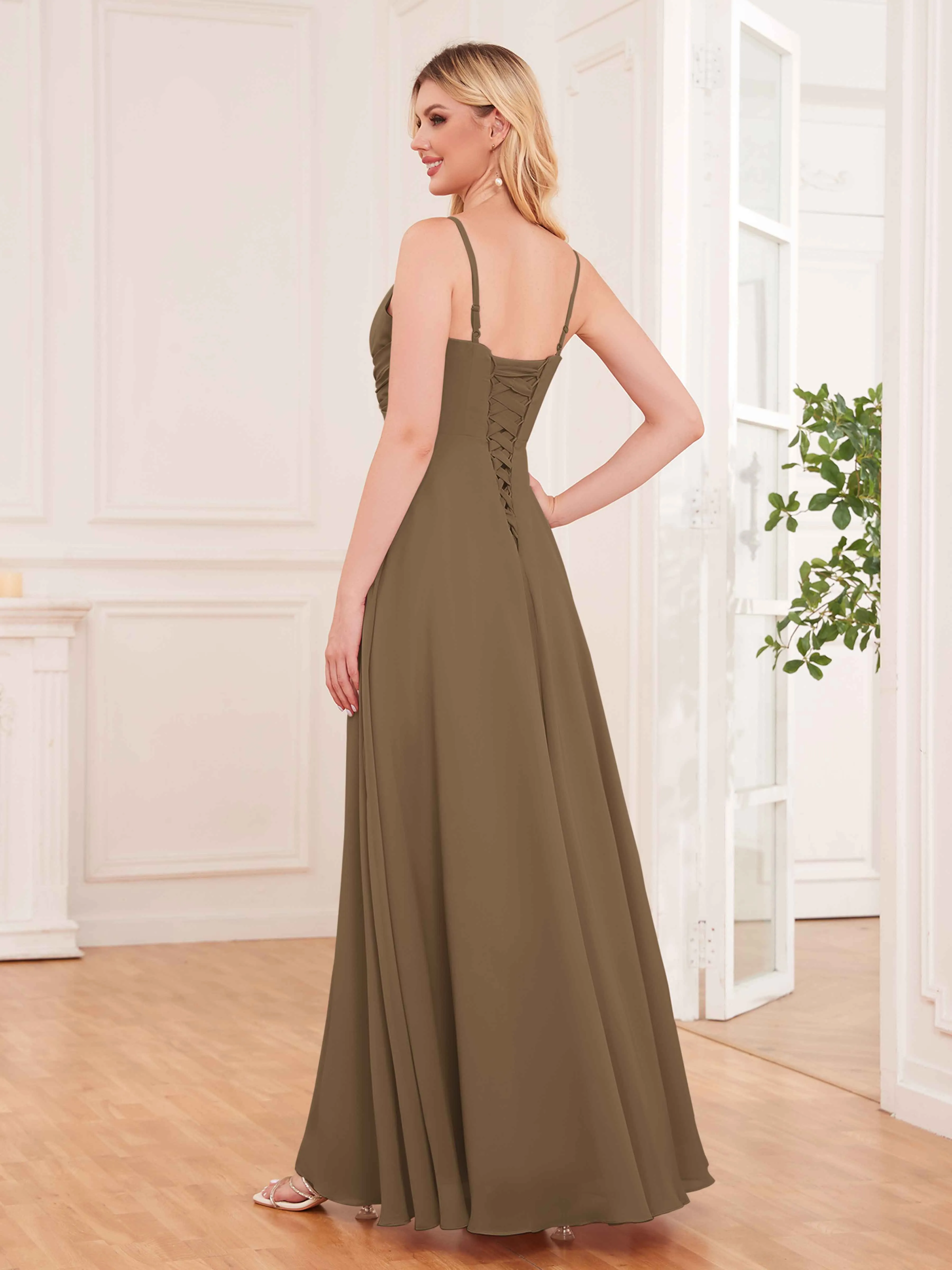 Cecilia Pretty Twist Pleated Ruffles Slit Chiffon Bridesmaid Dresses