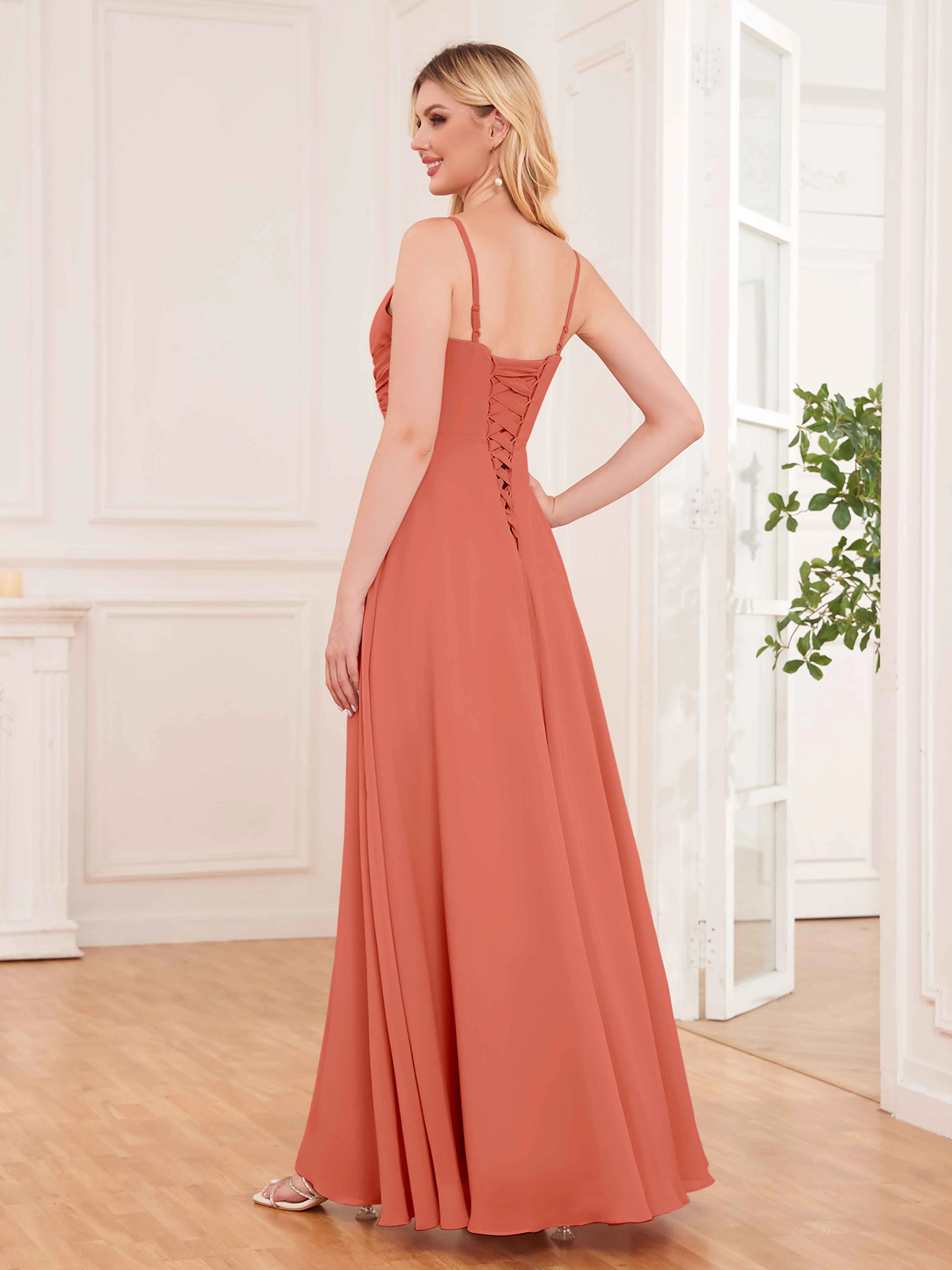 Cecilia Pretty Twist Pleated Ruffles Slit Chiffon Bridesmaid Dresses