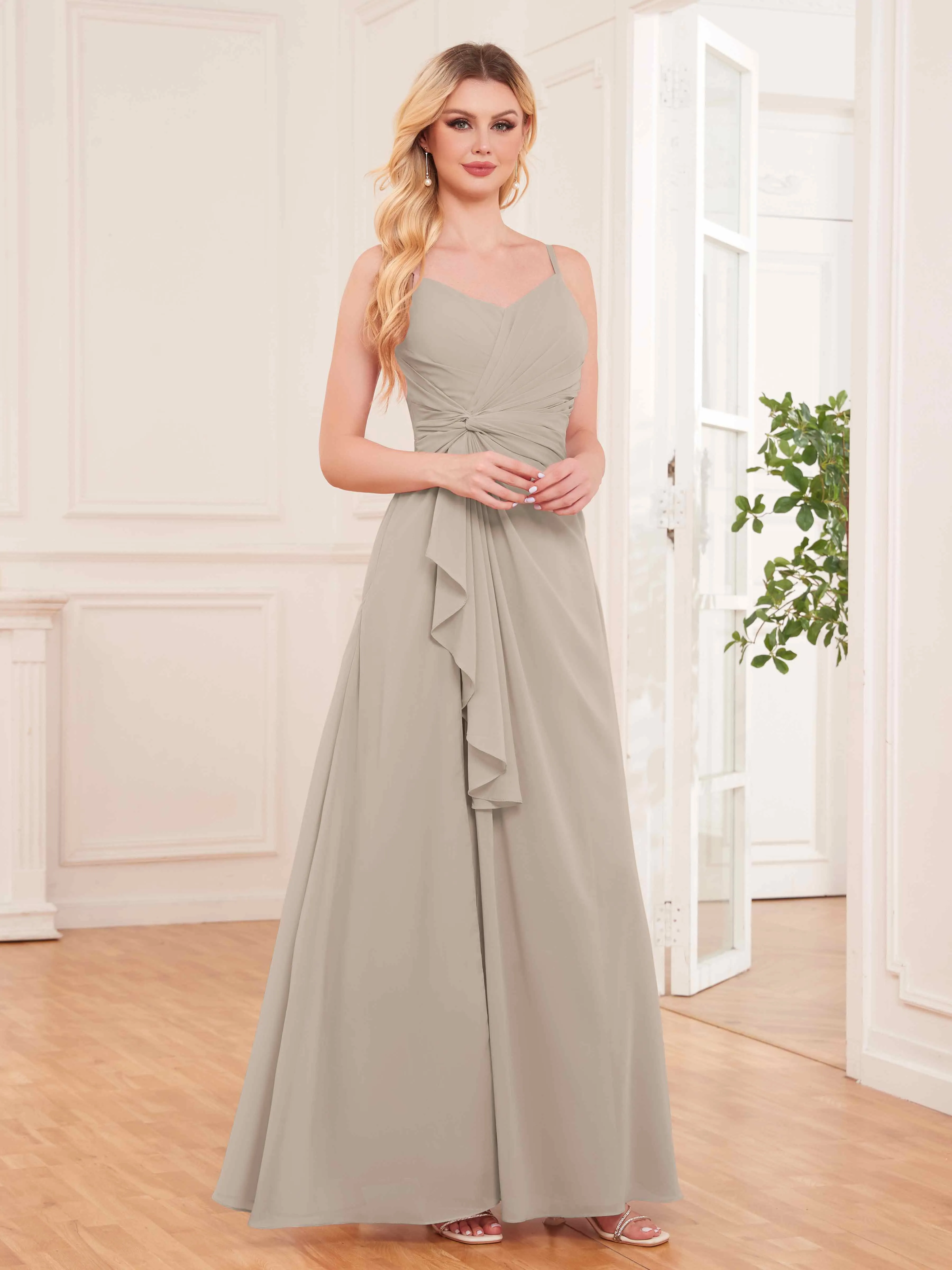 Cecilia Pretty Twist Pleated Ruffles Slit Chiffon Bridesmaid Dresses