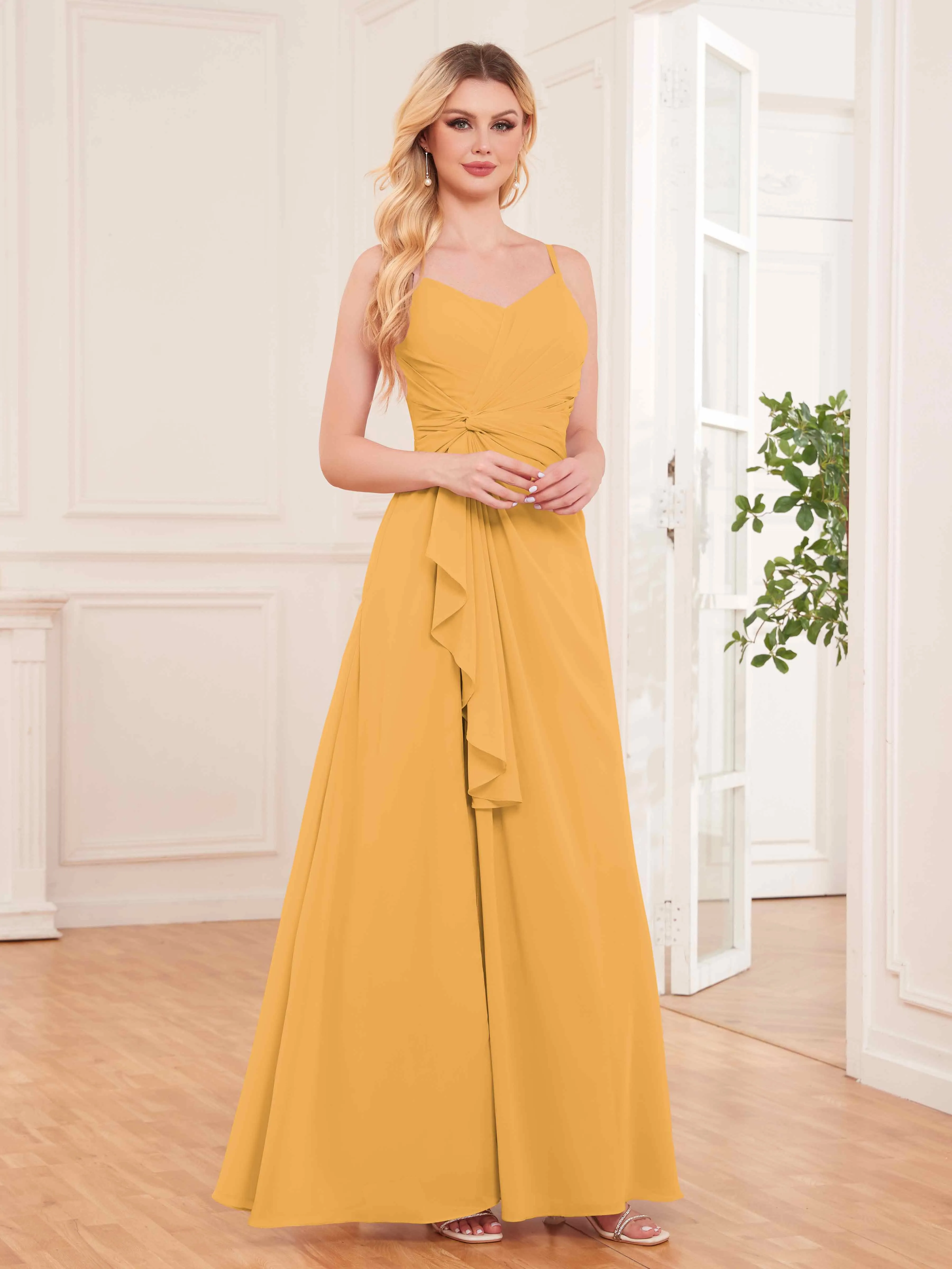 Cecilia Pretty Twist Pleated Ruffles Slit Chiffon Bridesmaid Dresses