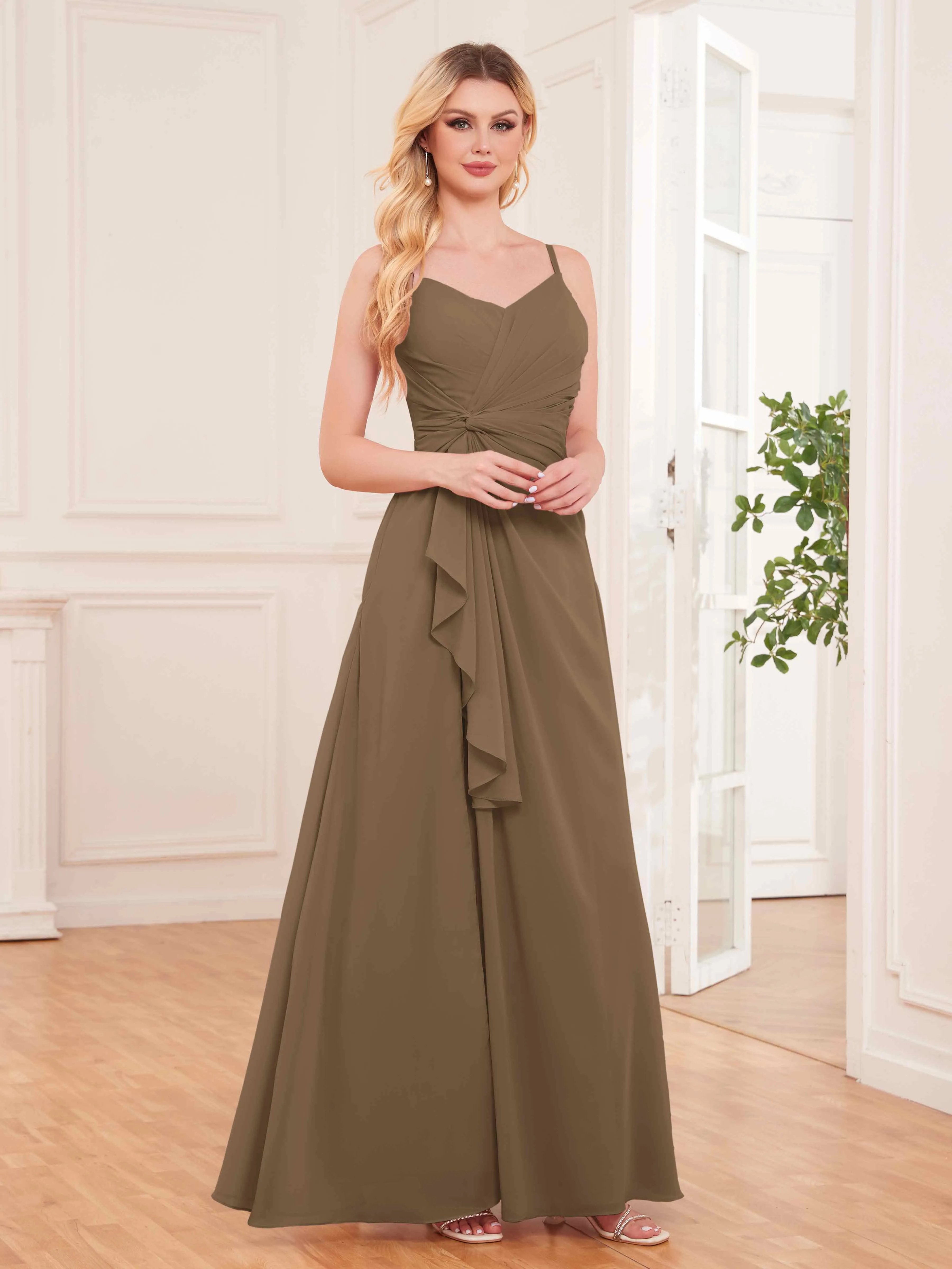 Cecilia Pretty Twist Pleated Ruffles Slit Chiffon Bridesmaid Dresses