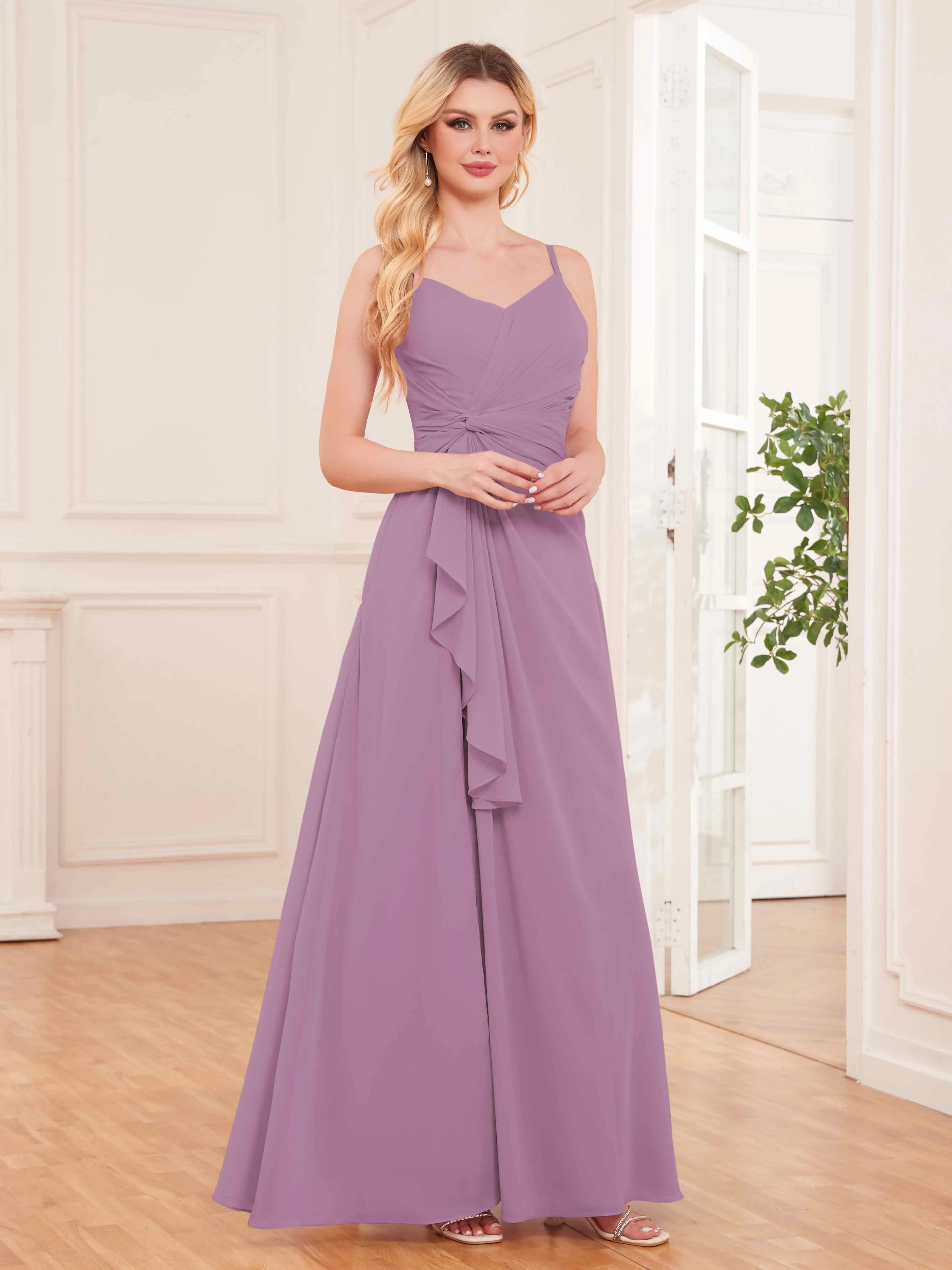 Cecilia Pretty Twist Pleated Ruffles Slit Chiffon Bridesmaid Dresses