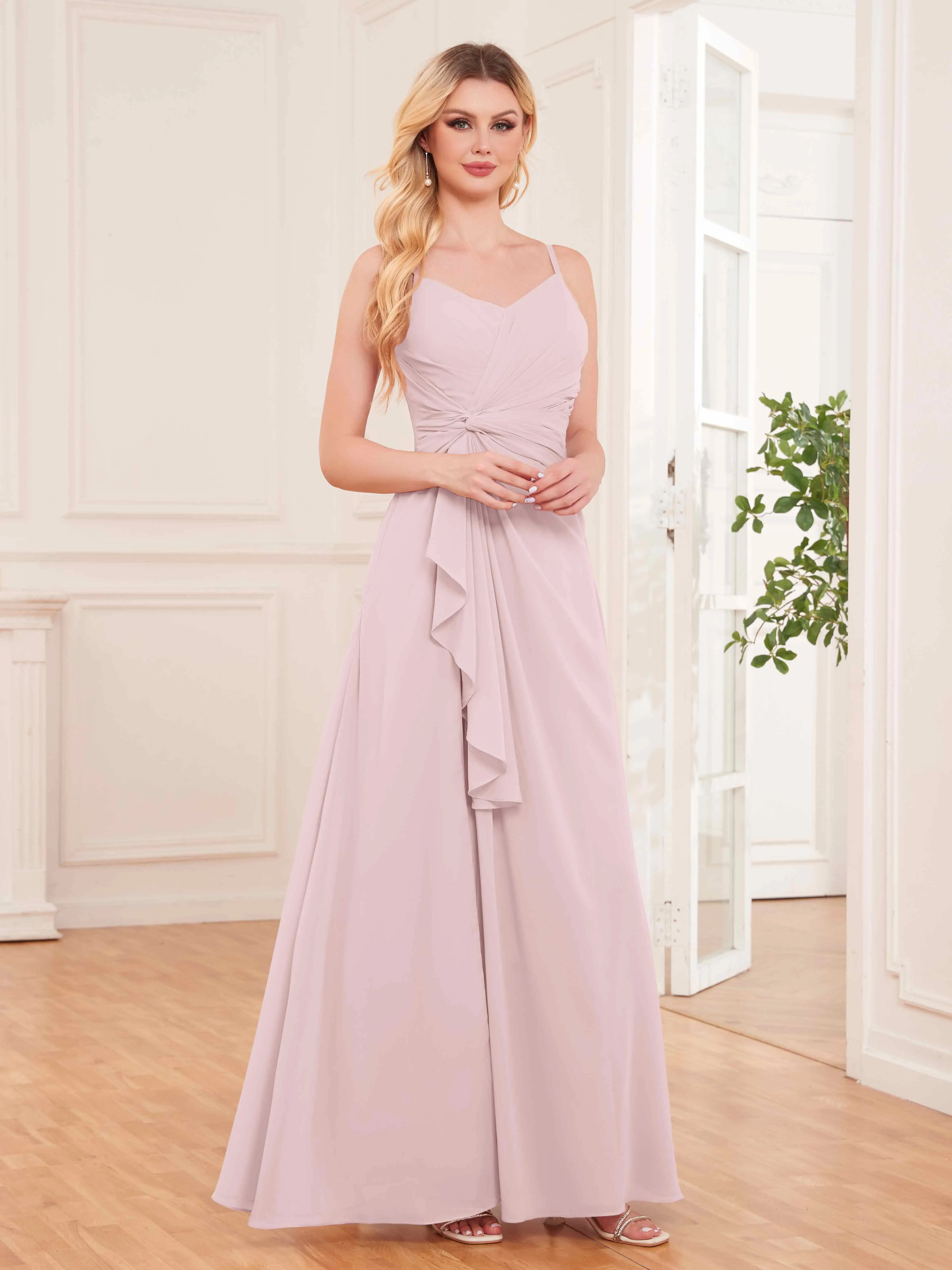 Cecilia Pretty Twist Pleated Ruffles Slit Chiffon Bridesmaid Dresses