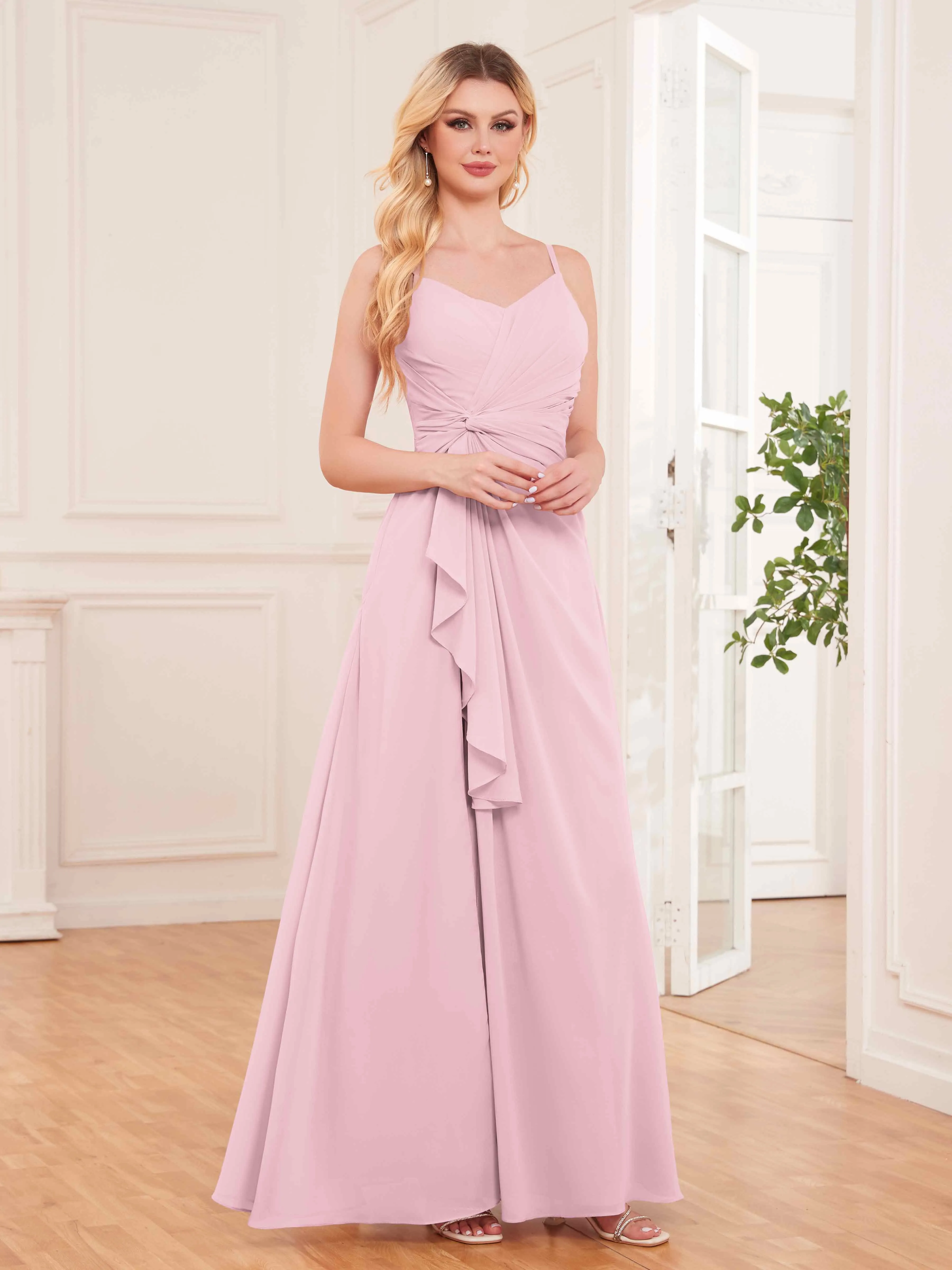 Cecilia Pretty Twist Pleated Ruffles Slit Chiffon Bridesmaid Dresses