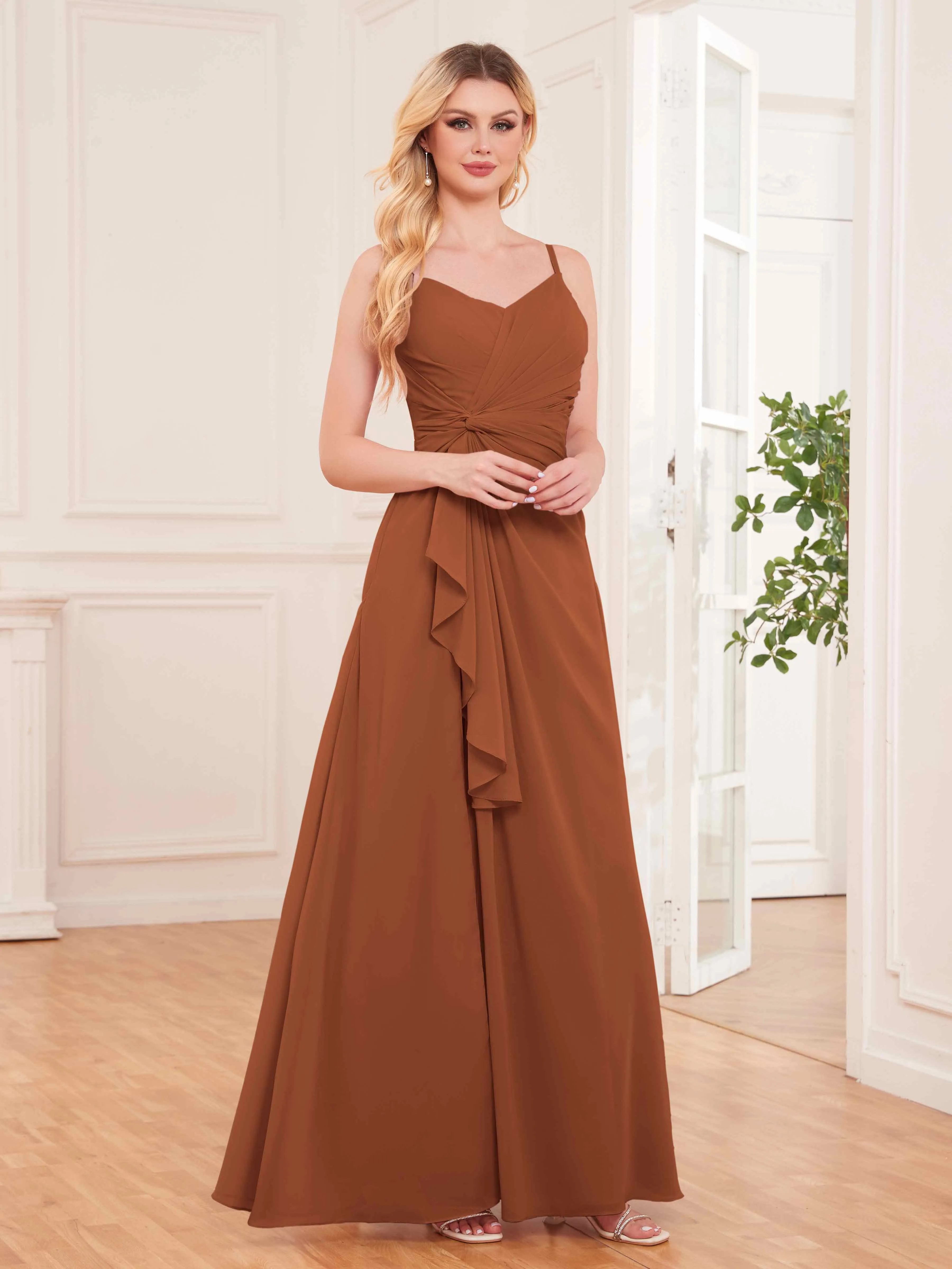 Cecilia Pretty Twist Pleated Ruffles Slit Chiffon Bridesmaid Dresses