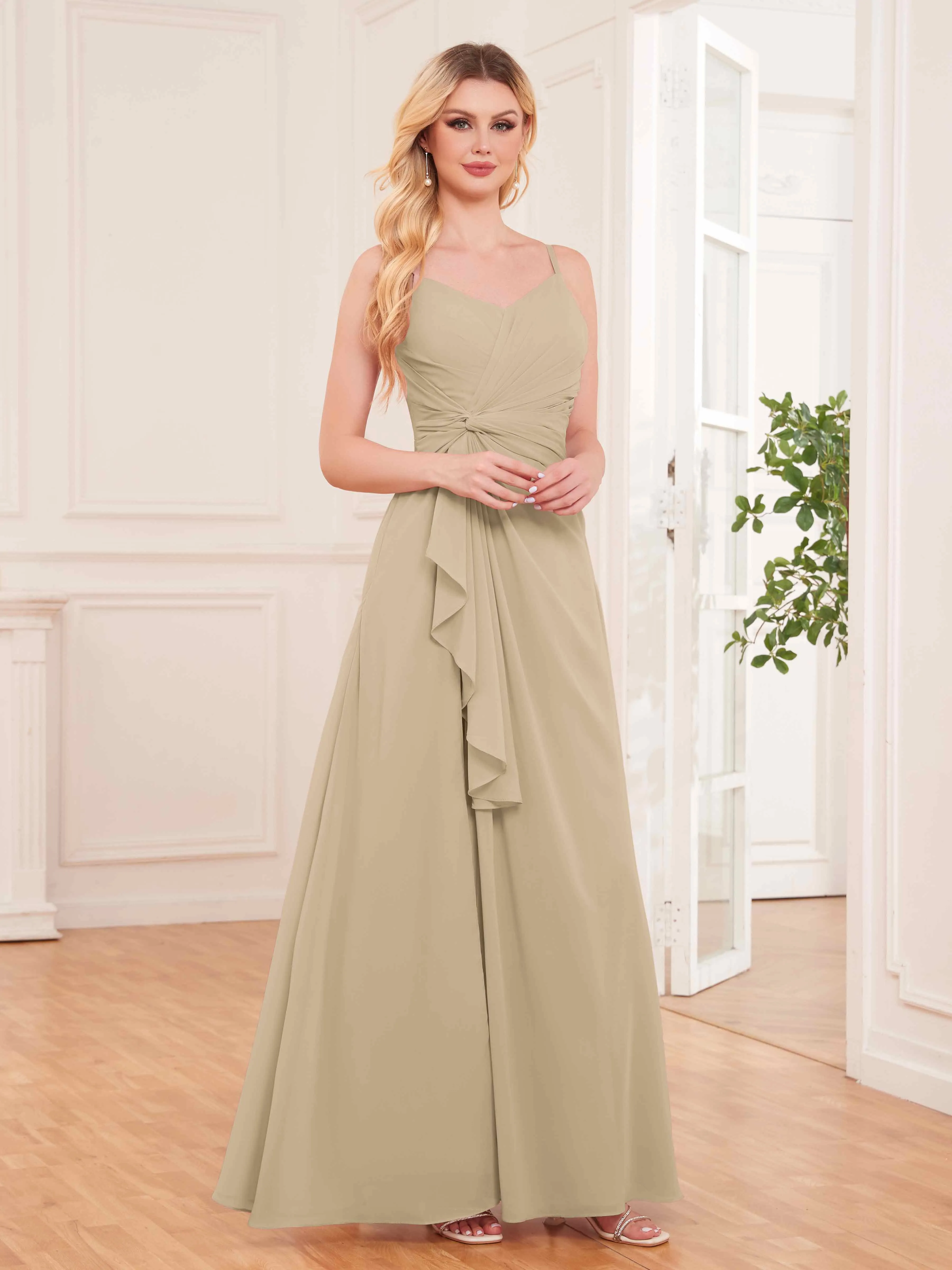 Cecilia Pretty Twist Pleated Ruffles Slit Chiffon Bridesmaid Dresses