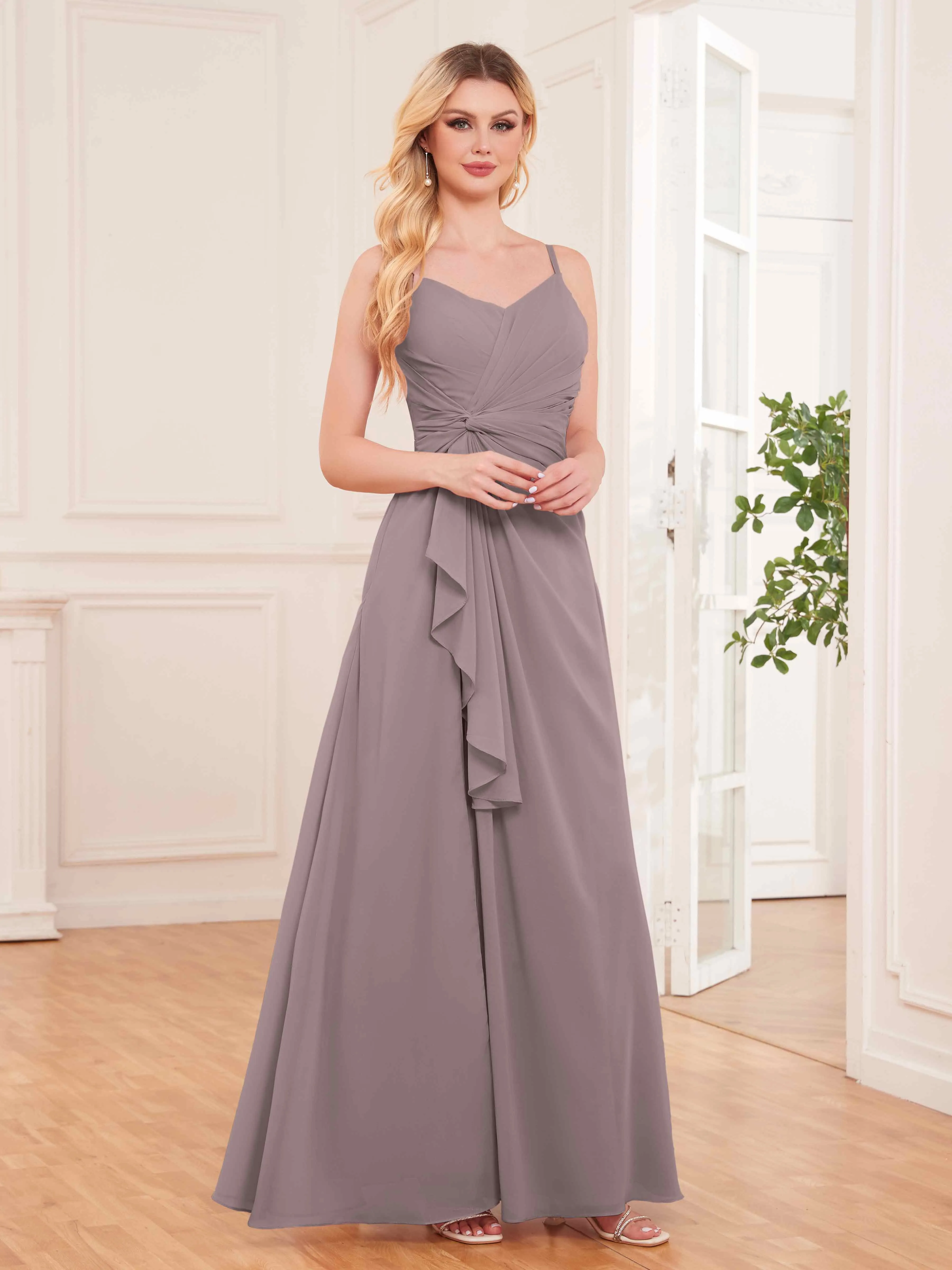 Cecilia Pretty Twist Pleated Ruffles Slit Chiffon Bridesmaid Dresses