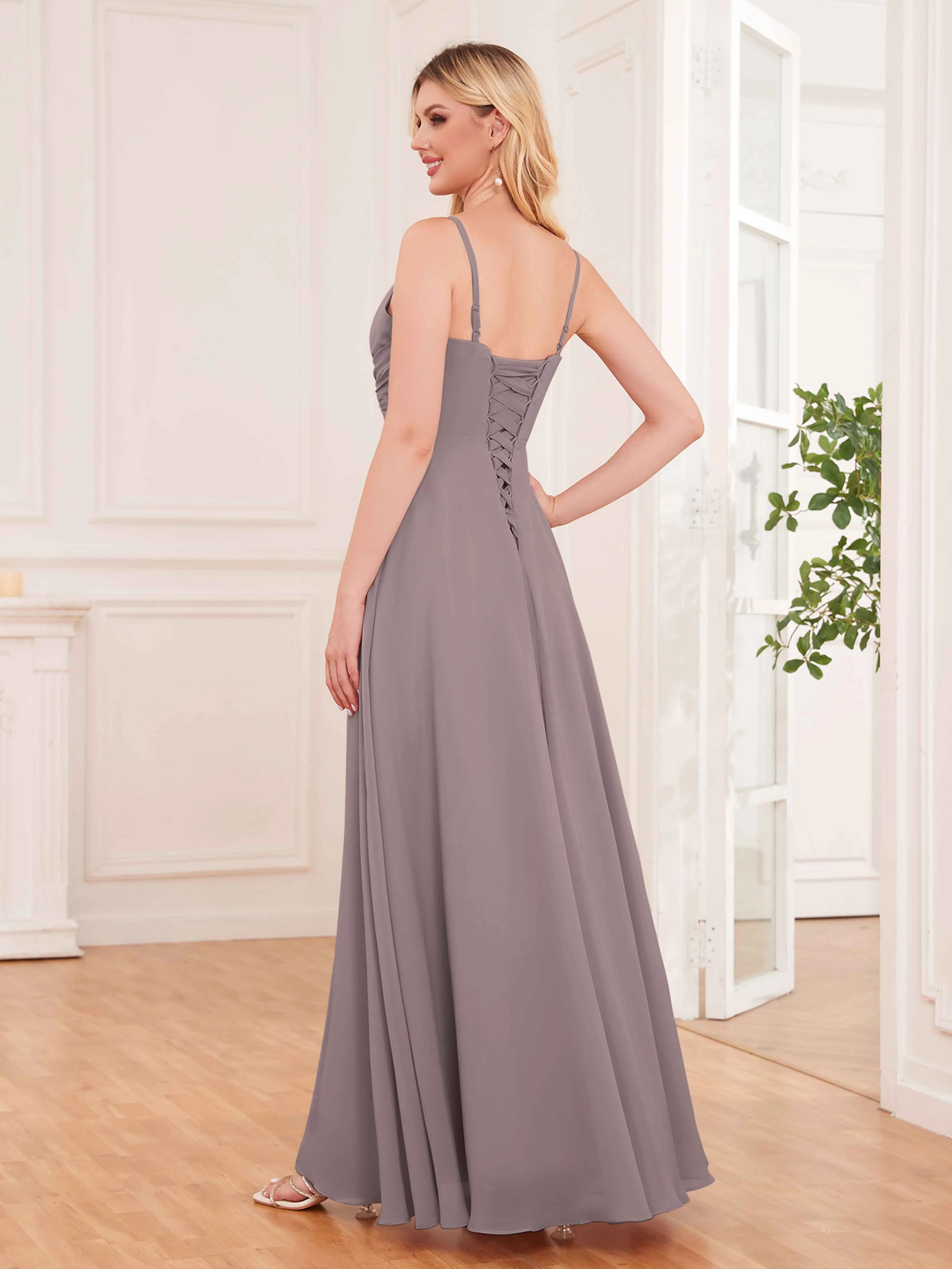 Cecilia Pretty Twist Pleated Ruffles Slit Chiffon Bridesmaid Dresses