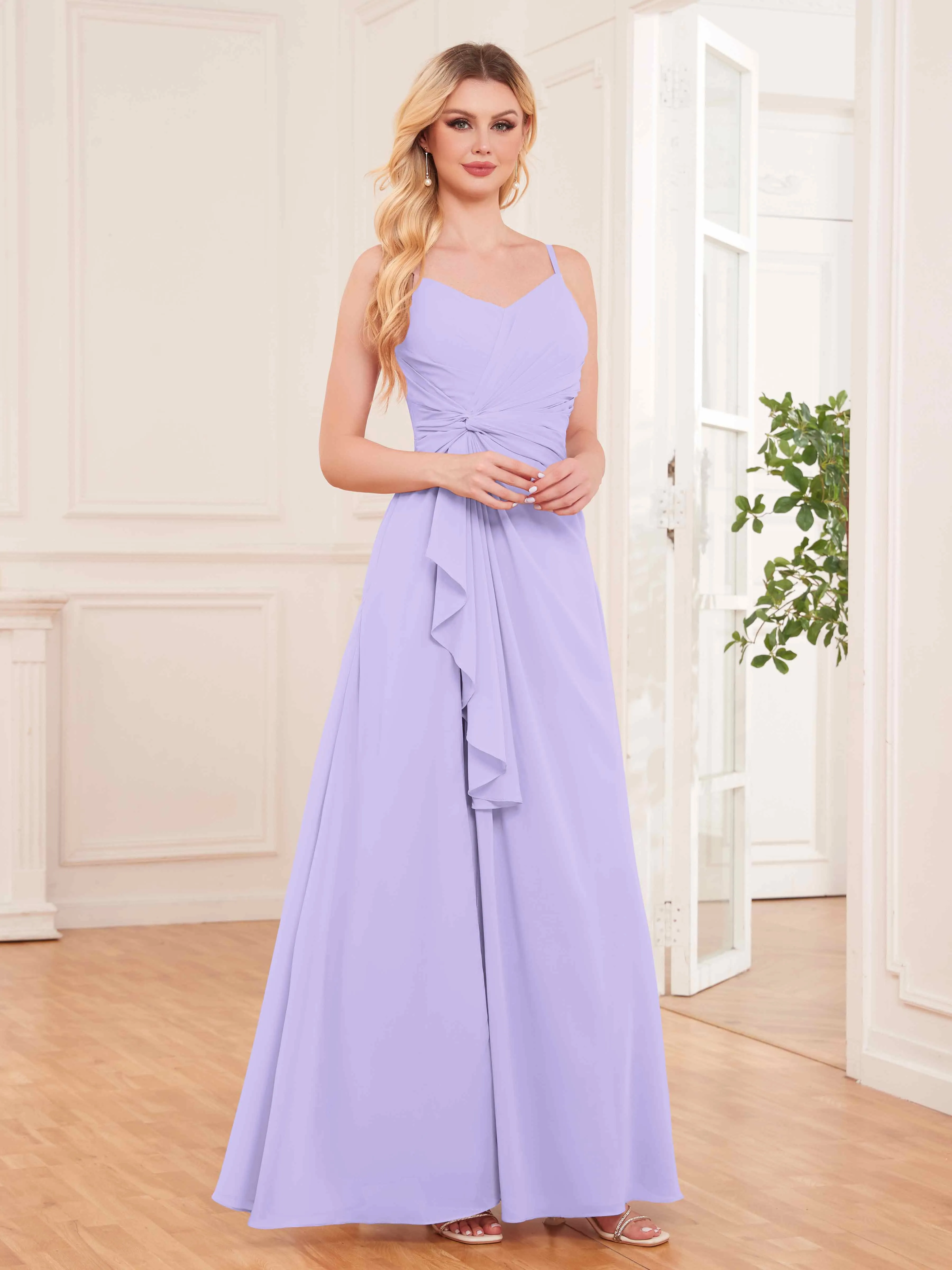 Cecilia Pretty Twist Pleated Ruffles Slit Chiffon Bridesmaid Dresses