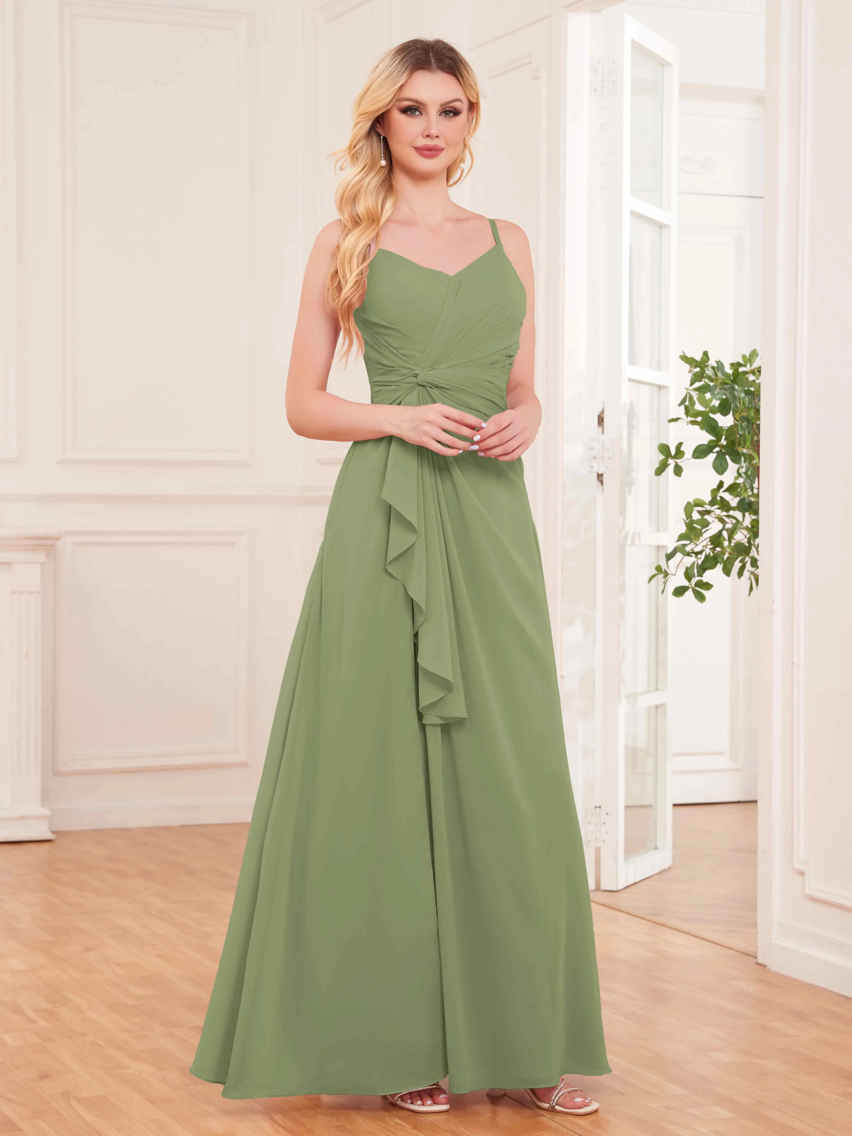 Cecilia Pretty Twist Pleated Ruffles Slit Chiffon Bridesmaid Dresses