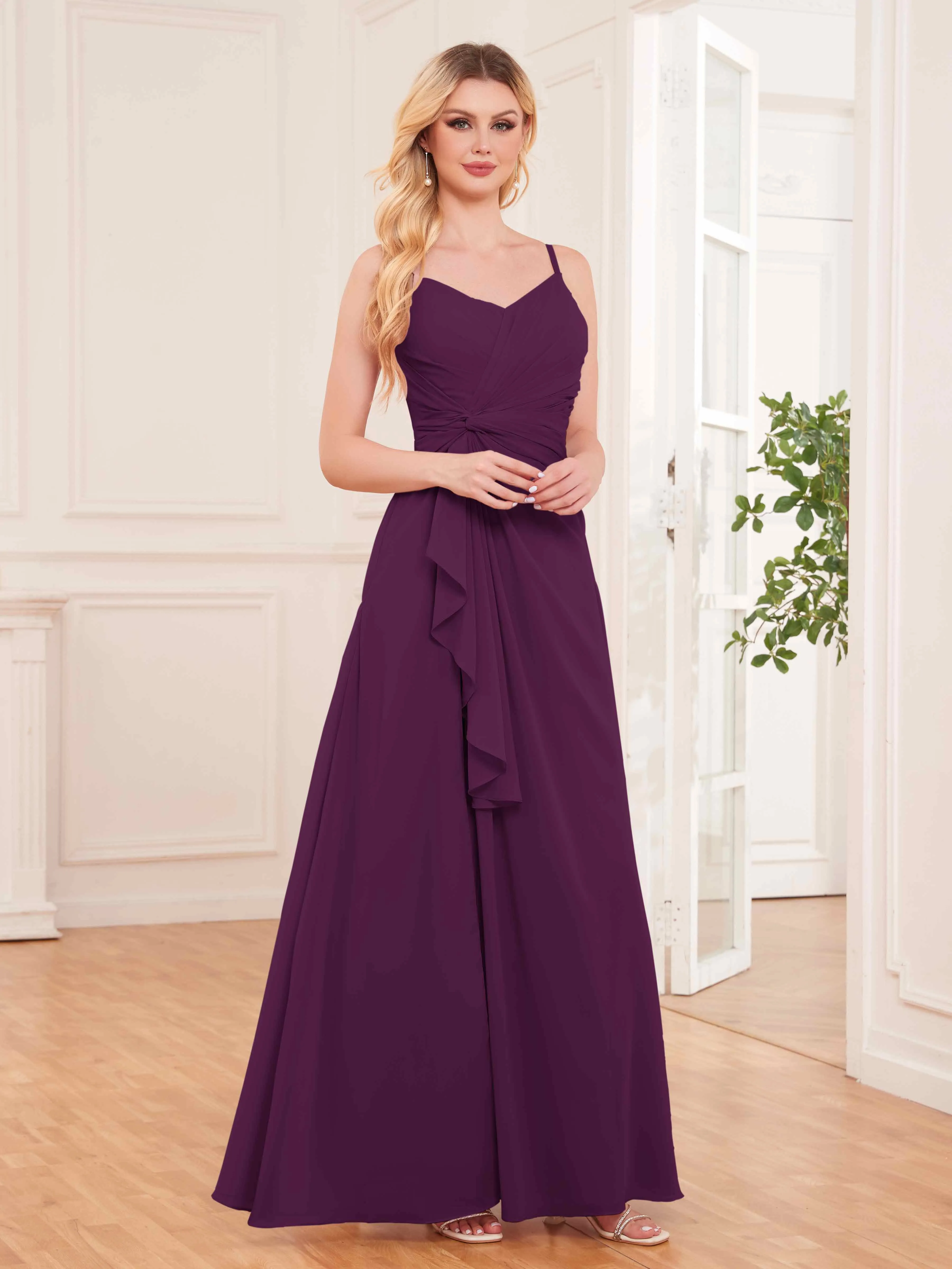 Cecilia Pretty Twist Pleated Ruffles Slit Chiffon Bridesmaid Dresses