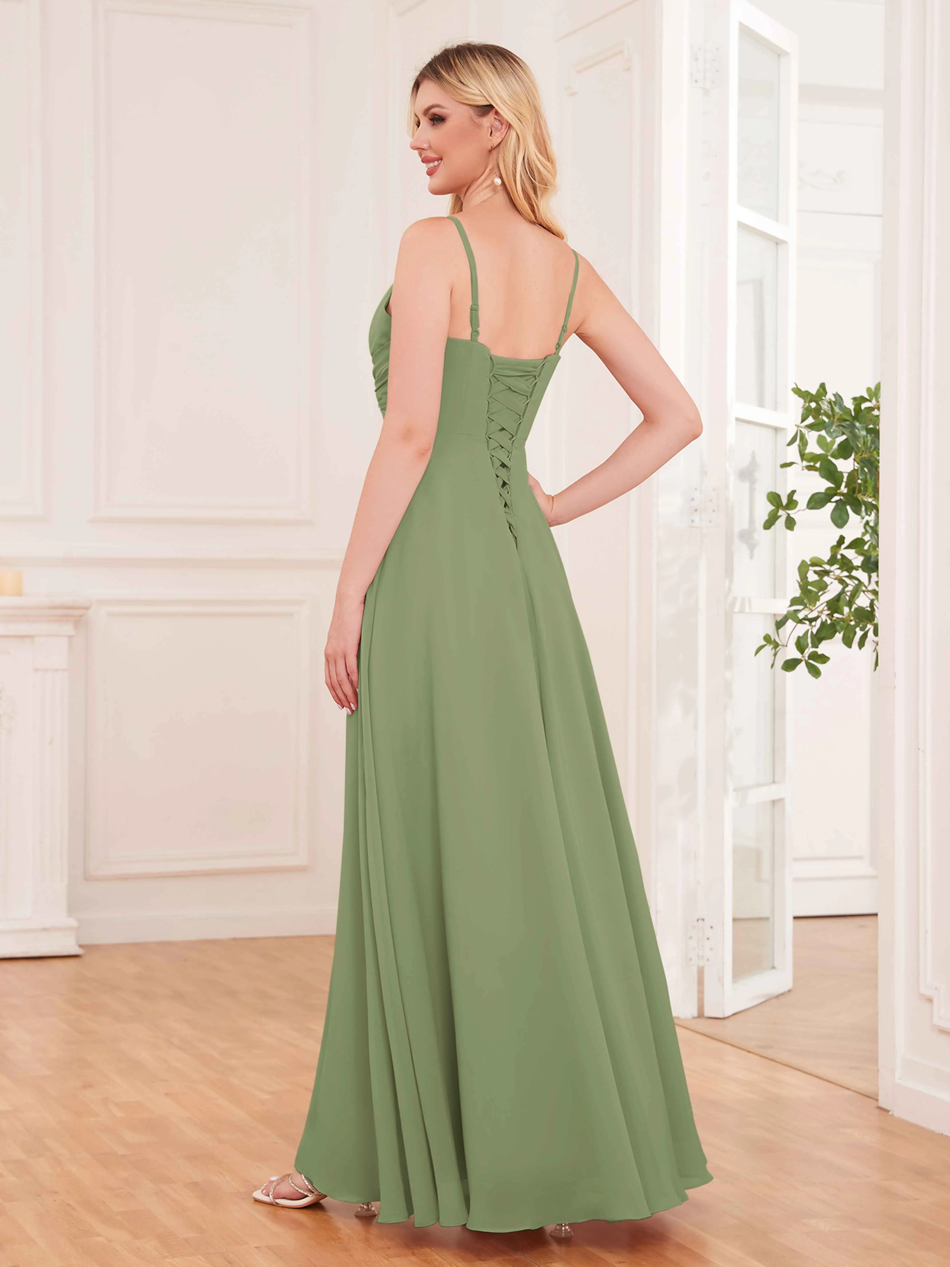 Cecilia Pretty Twist Pleated Ruffles Slit Chiffon Bridesmaid Dresses