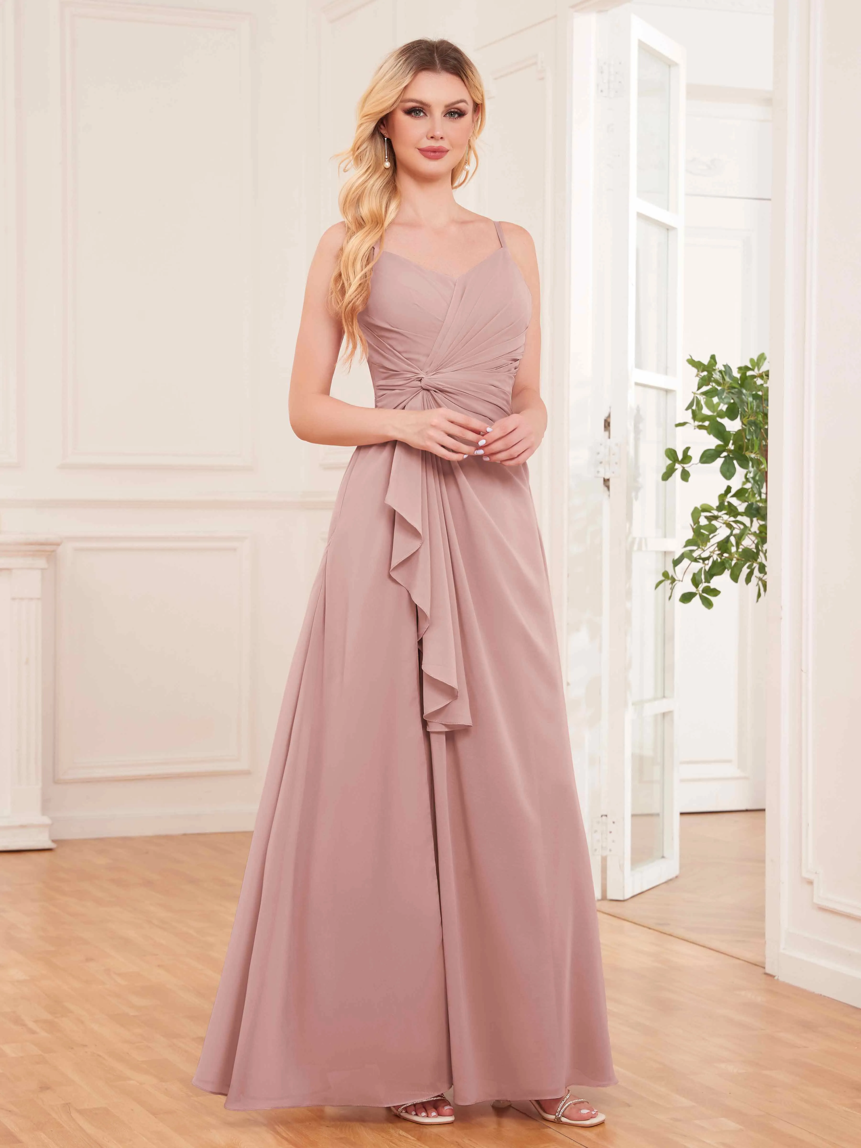 Cecilia Pretty Twist Pleated Ruffles Slit Chiffon Bridesmaid Dresses