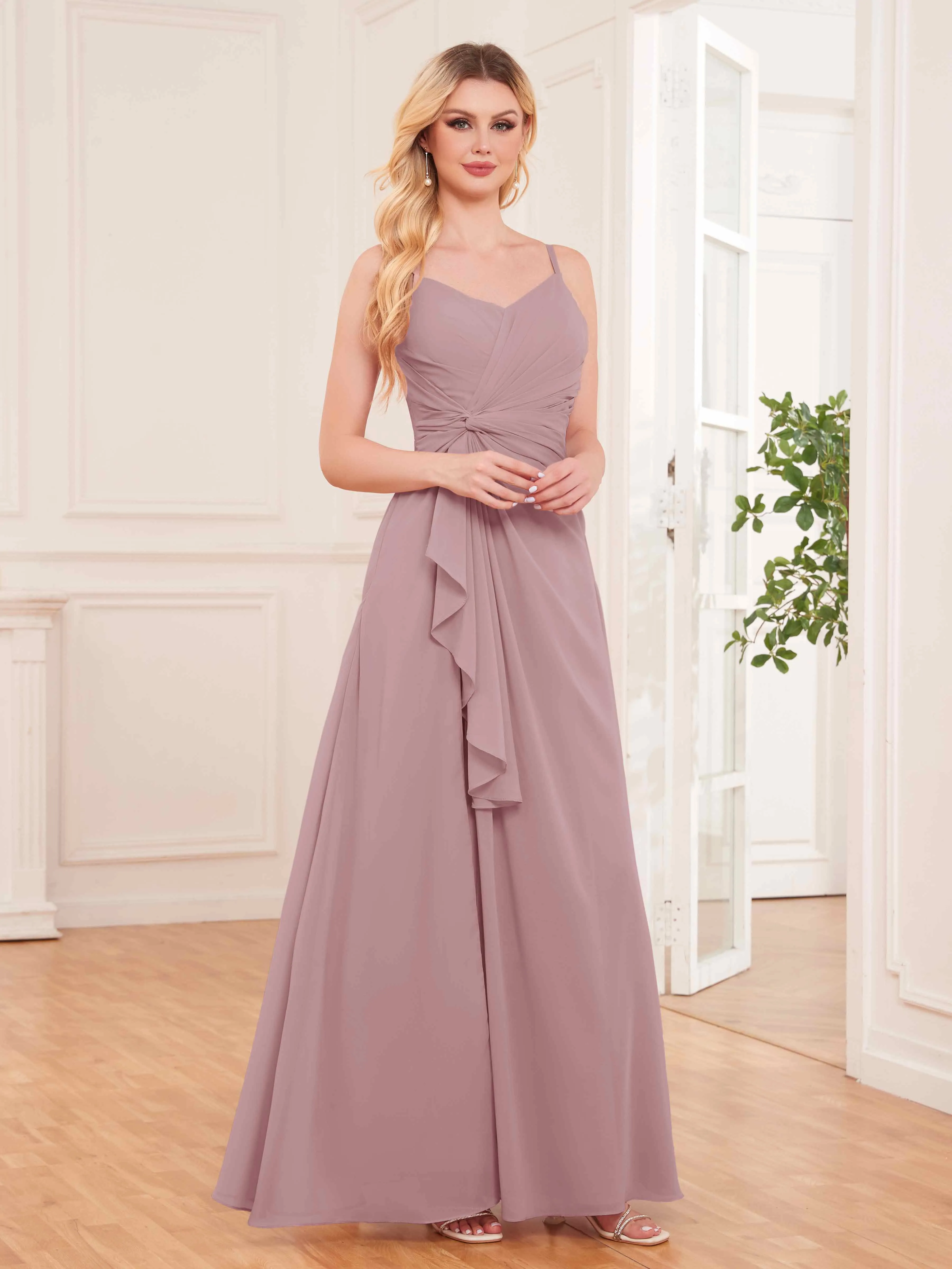 Cecilia Pretty Twist Pleated Ruffles Slit Chiffon Bridesmaid Dresses