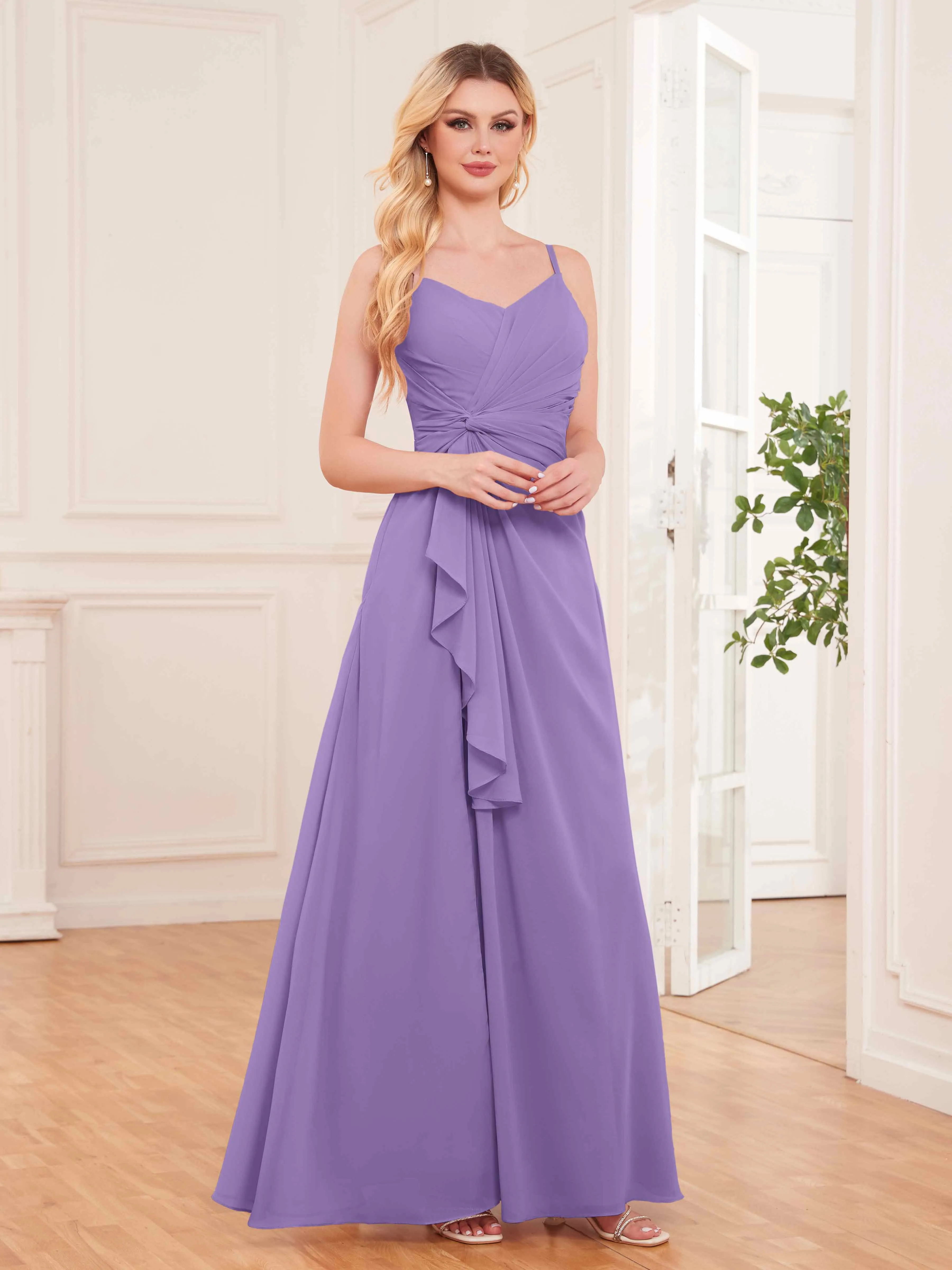 Cecilia Pretty Twist Pleated Ruffles Slit Chiffon Bridesmaid Dresses