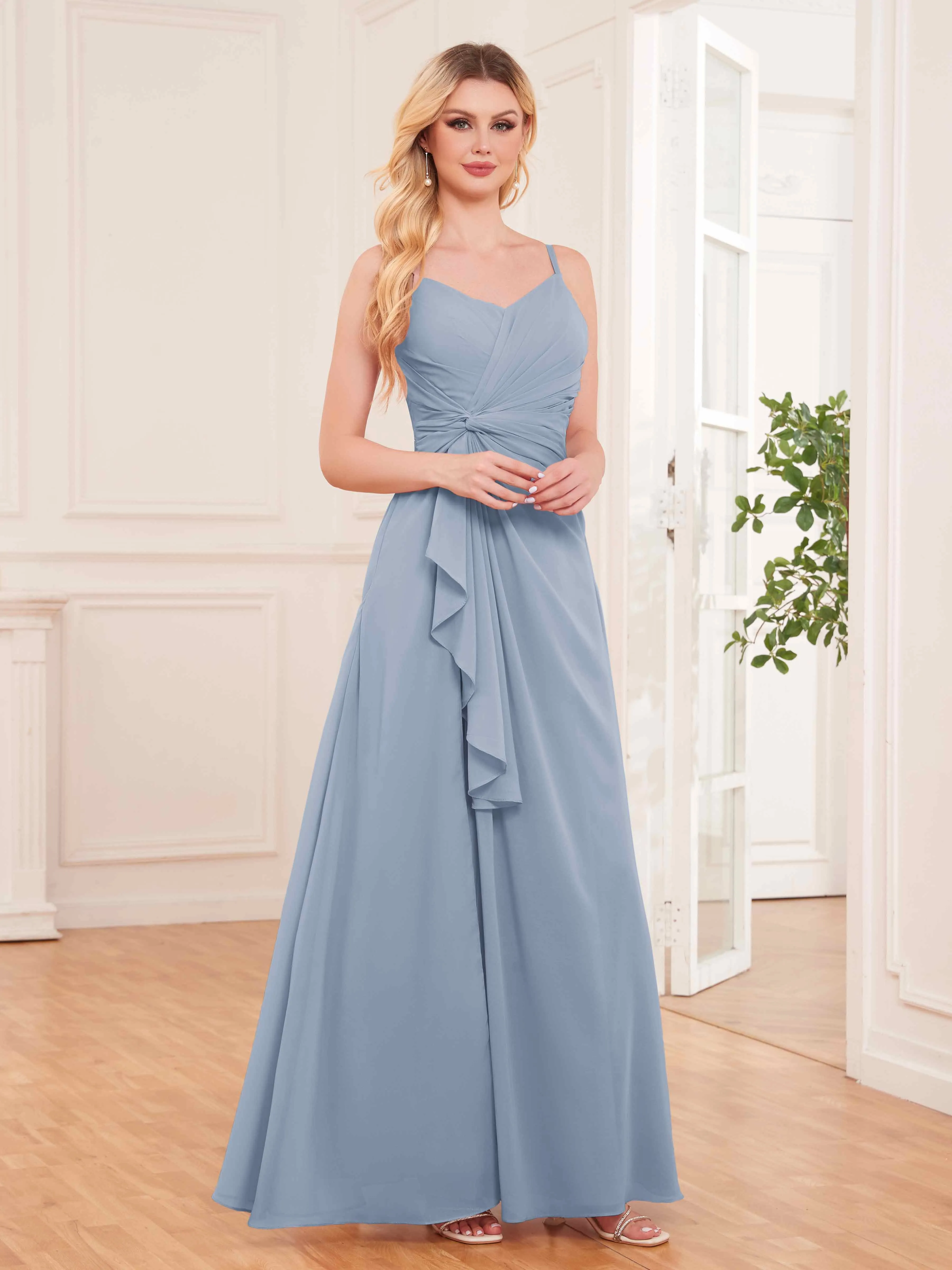 Cecilia Pretty Twist Pleated Ruffles Slit Chiffon Bridesmaid Dresses