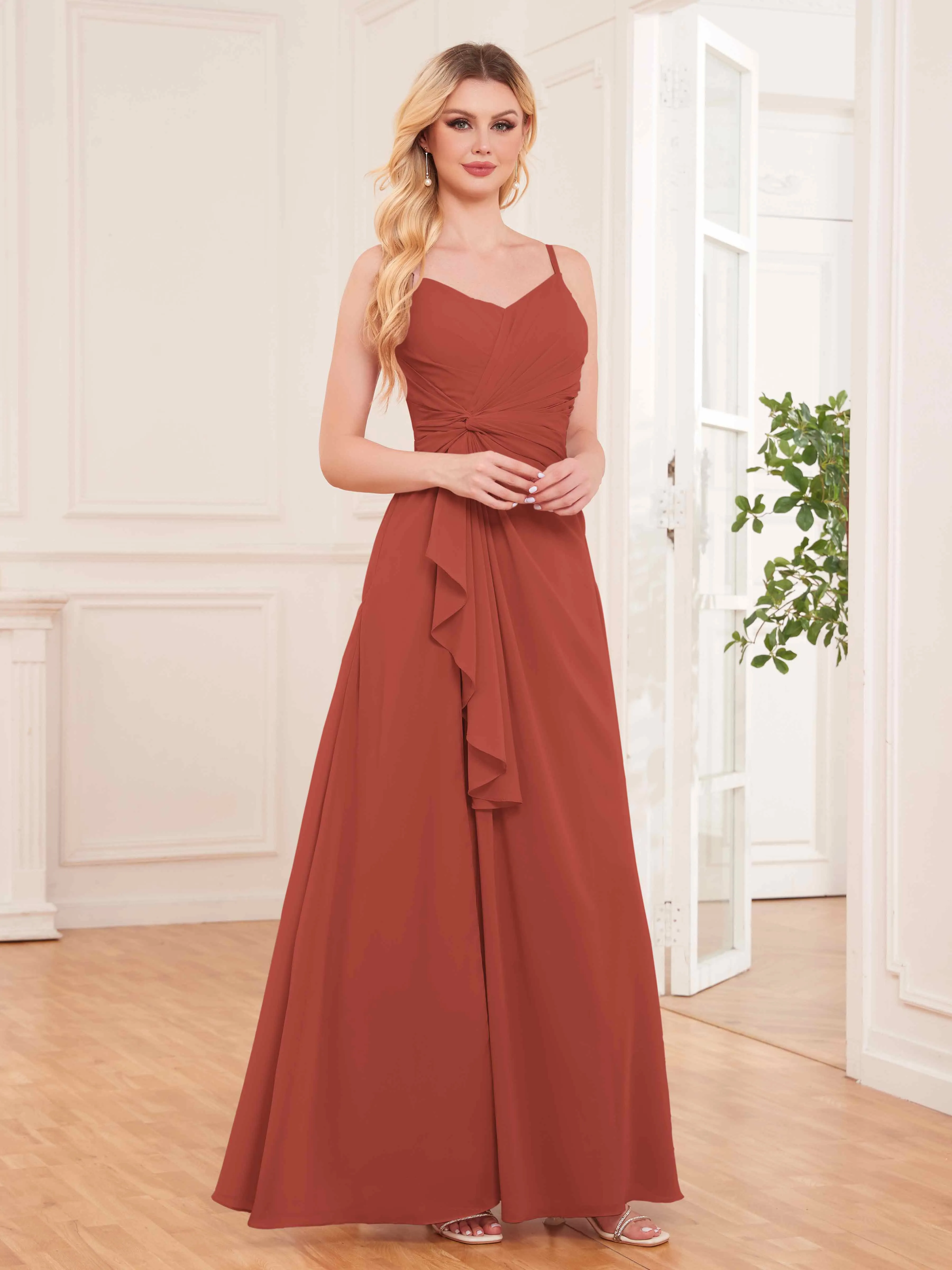 Cecilia Pretty Twist Pleated Ruffles Slit Chiffon Bridesmaid Dresses