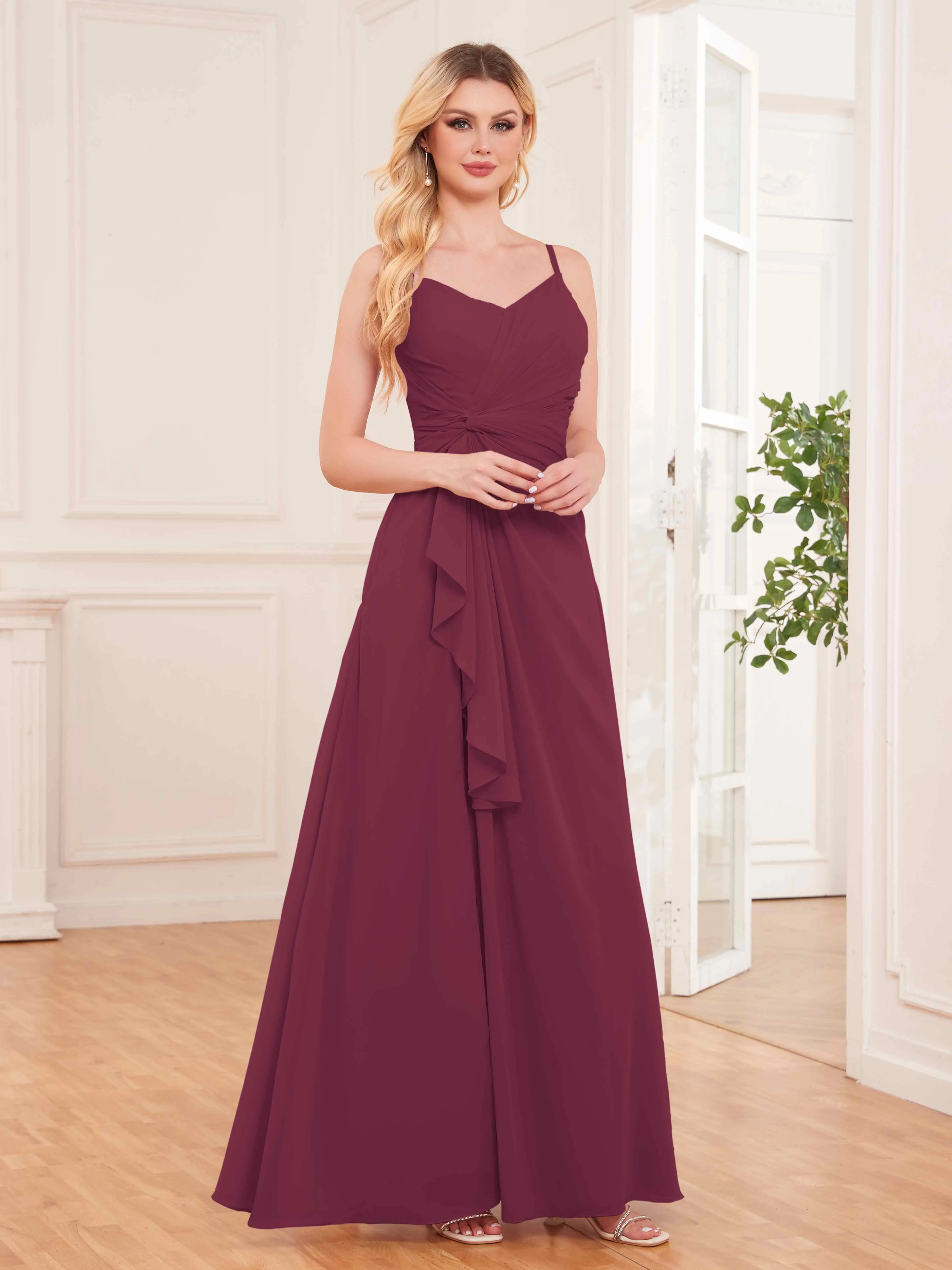 Cecilia Pretty Twist Pleated Ruffles Slit Chiffon Bridesmaid Dresses