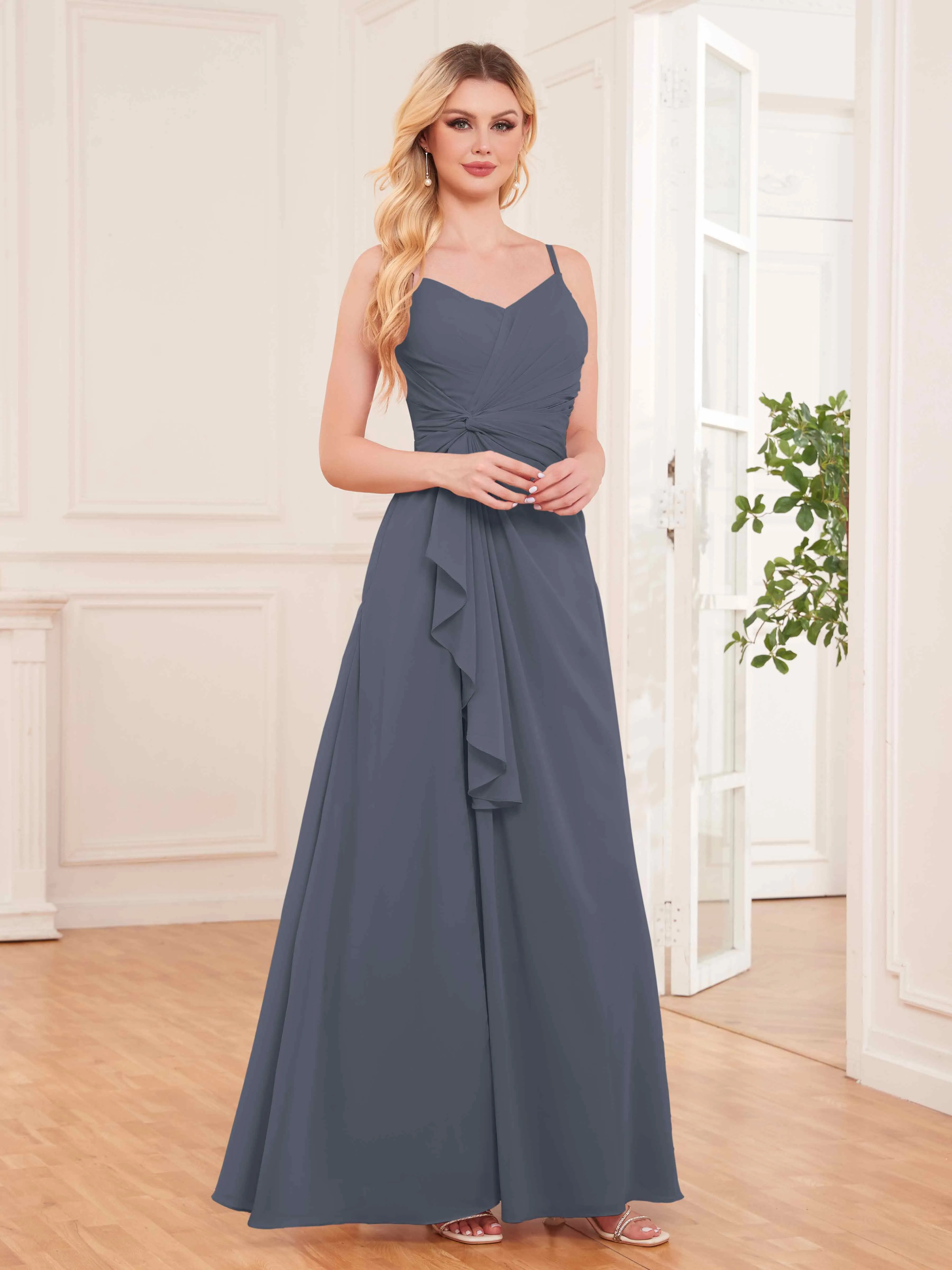 Cecilia Pretty Twist Pleated Ruffles Slit Chiffon Bridesmaid Dresses