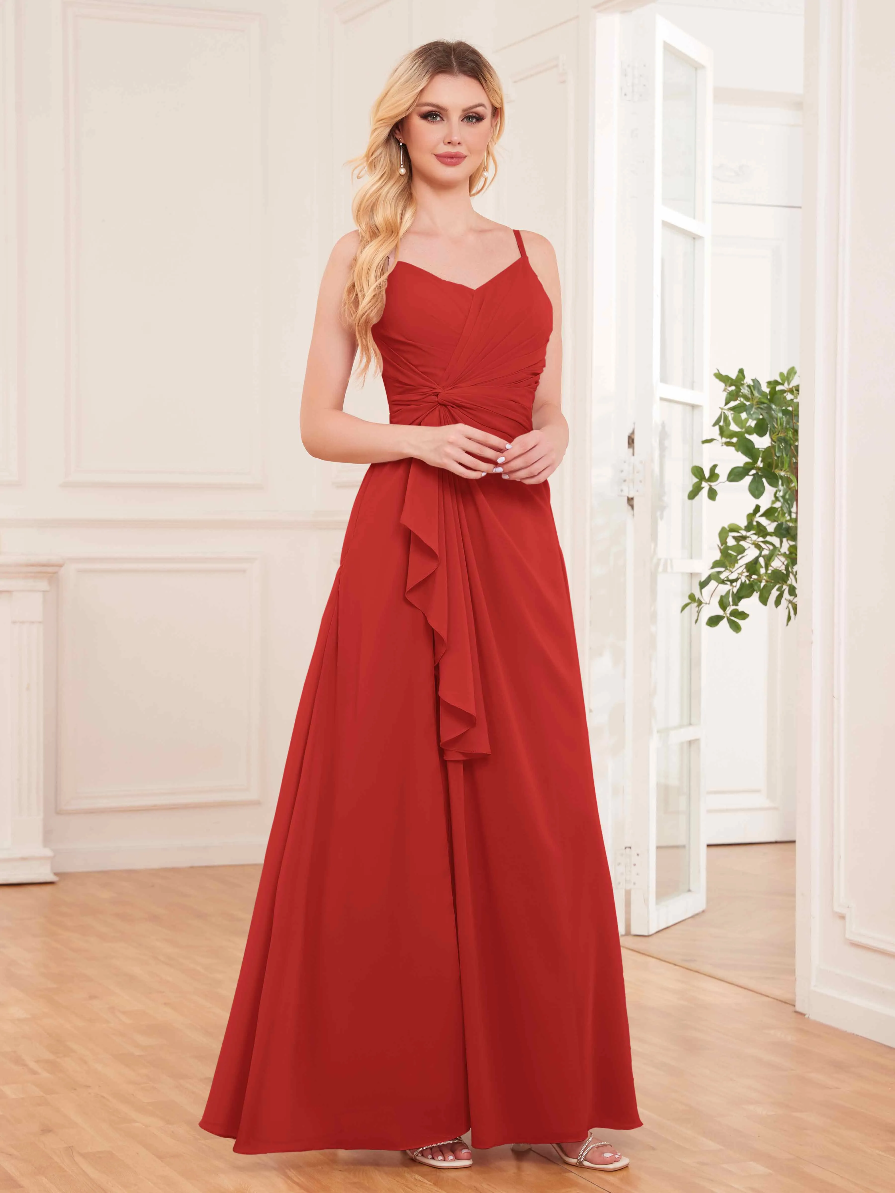 Cecilia Pretty Twist Pleated Ruffles Slit Chiffon Bridesmaid Dresses