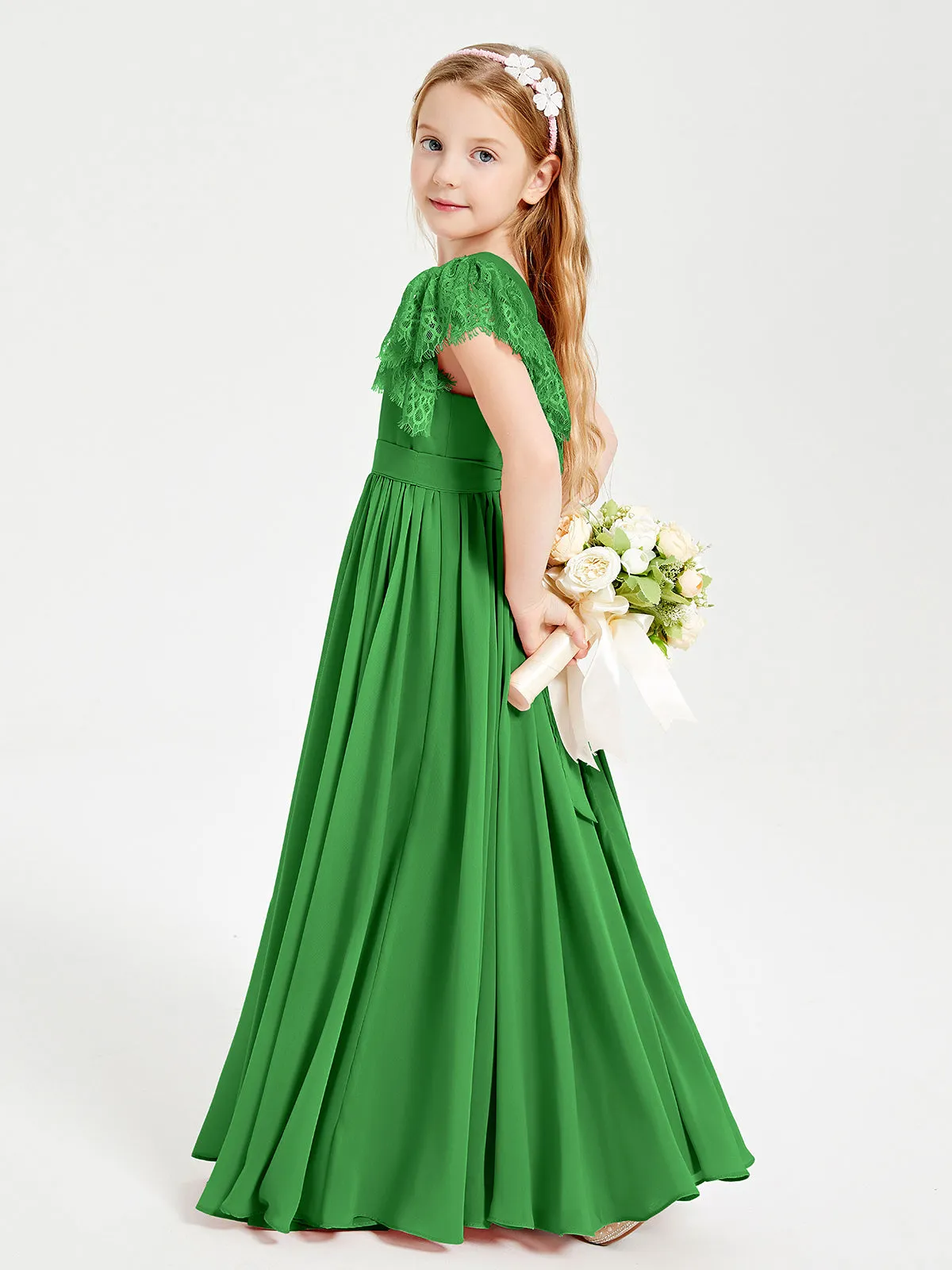 Chiffon Junior Bridesmaid Dresses Lace Flutter Sleeves Scoop Neck Green