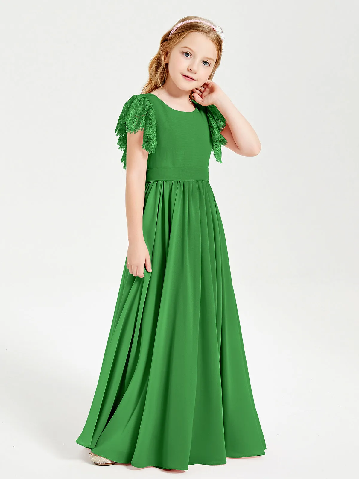 Chiffon Junior Bridesmaid Dresses Lace Flutter Sleeves Scoop Neck Green