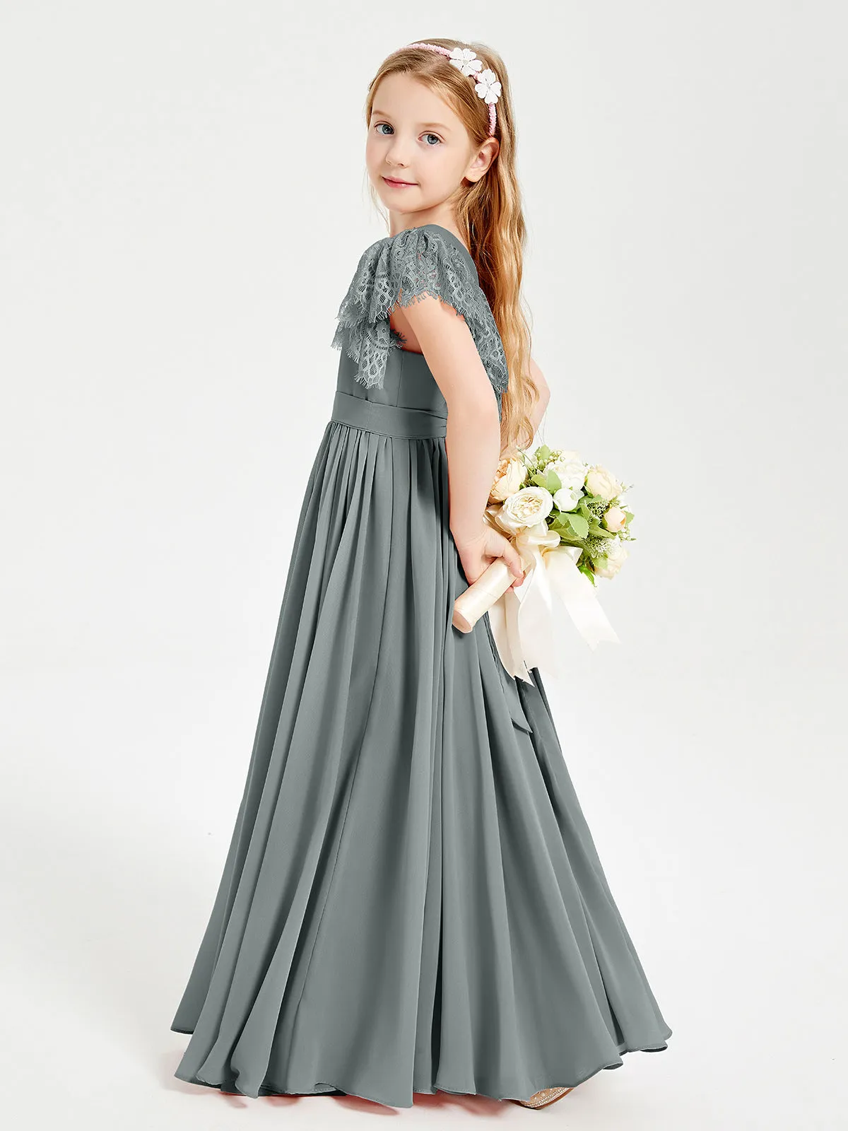 Chiffon Junior Bridesmaid Dresses Lace Flutter Sleeves Scoop Neck Steel Grey
